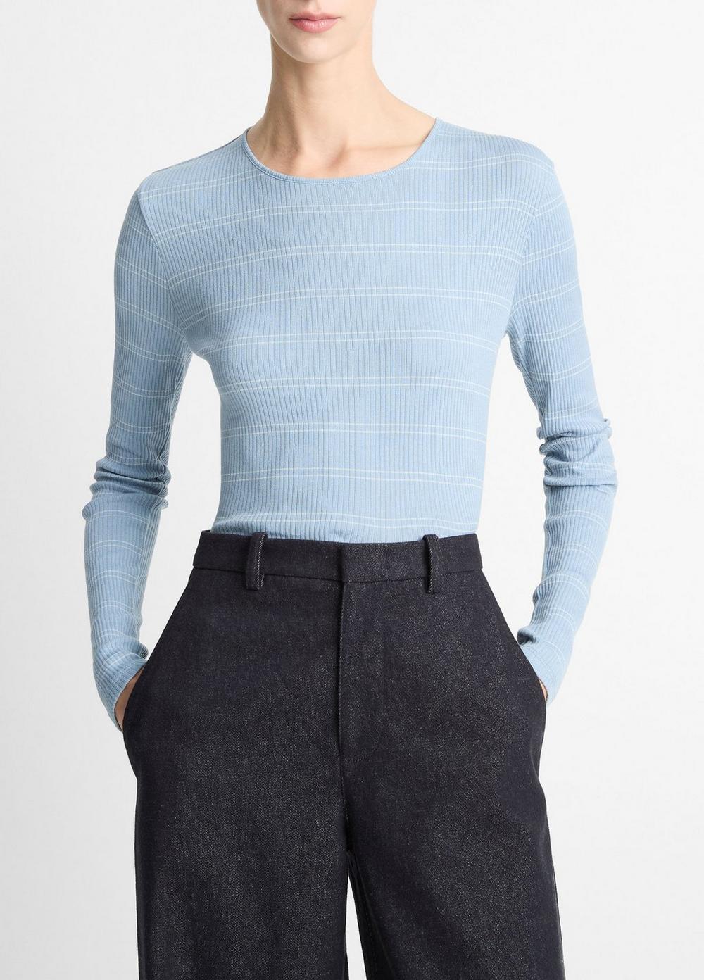 Women's Striped Ribbed Pima Cotton Long-Sleeve T-Shirt, Amalfi Combo, Size XXS Vince