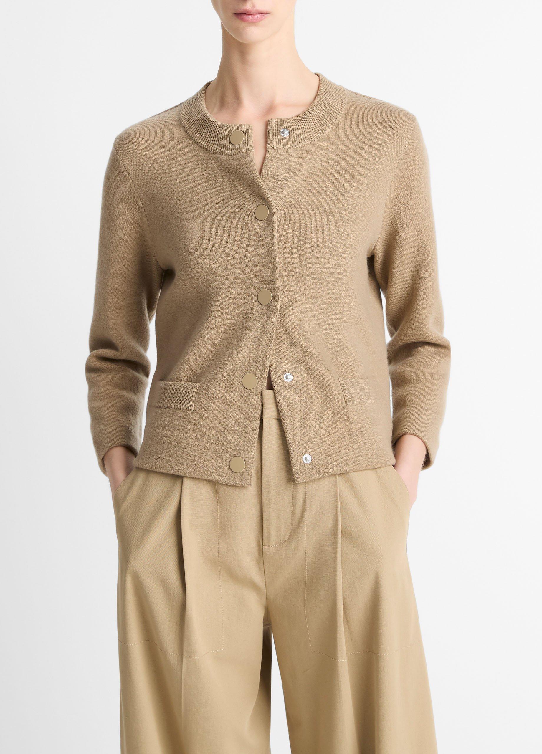 Women's Wool-Blend Shrunken Snap Cardigan, Fawn, Size XS Vince