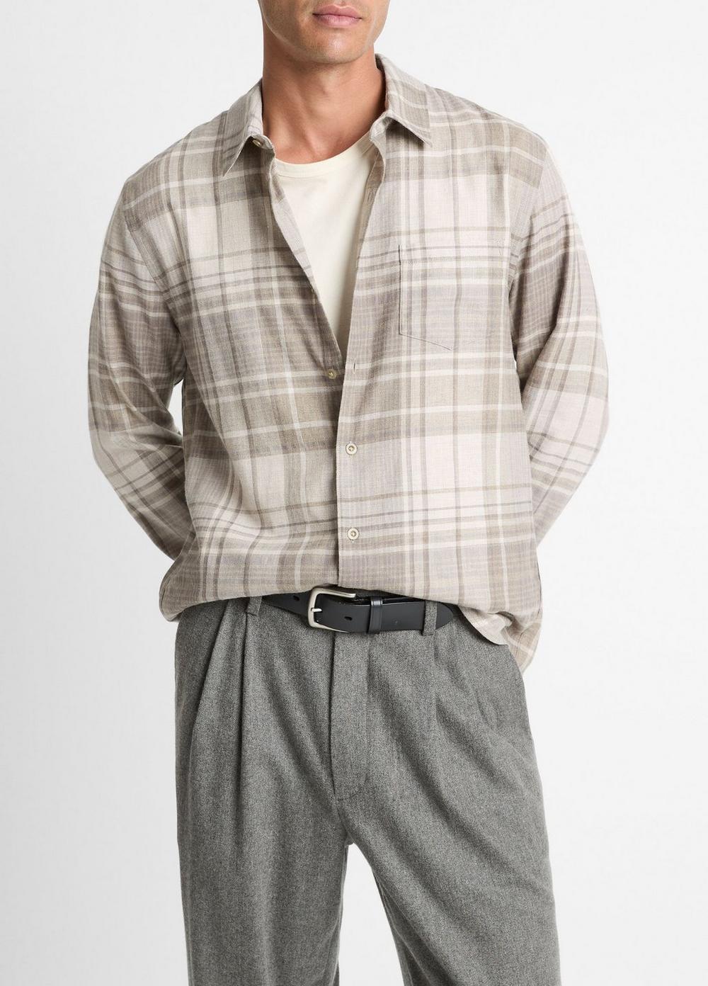 Men's Chilton Plaid Cotton Button-Front Shirt, Heather Mouse Combo, Size M Vince