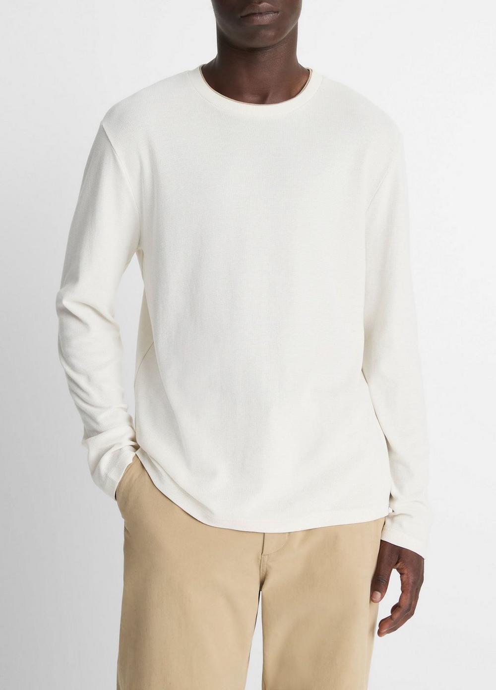 Men's Micro-waffle Pima Cotton Double-Collar Long-Sleeve T-Shirt, Blanco/terrapin, Size L Vince