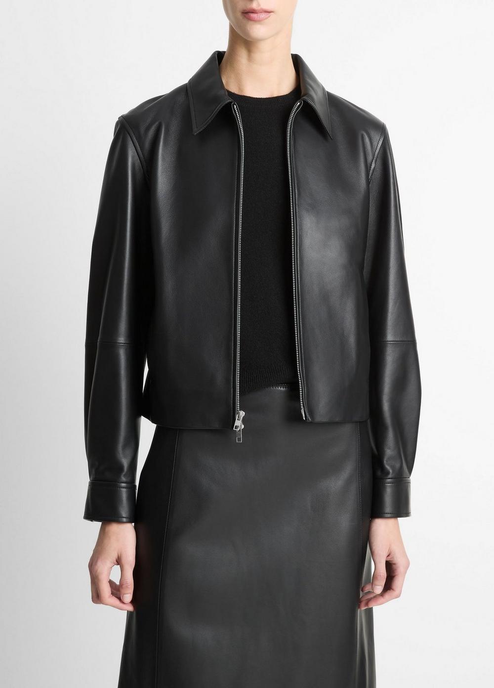 Women's Leather Cropped Zip-Front Jacket, Black, Size L Vince