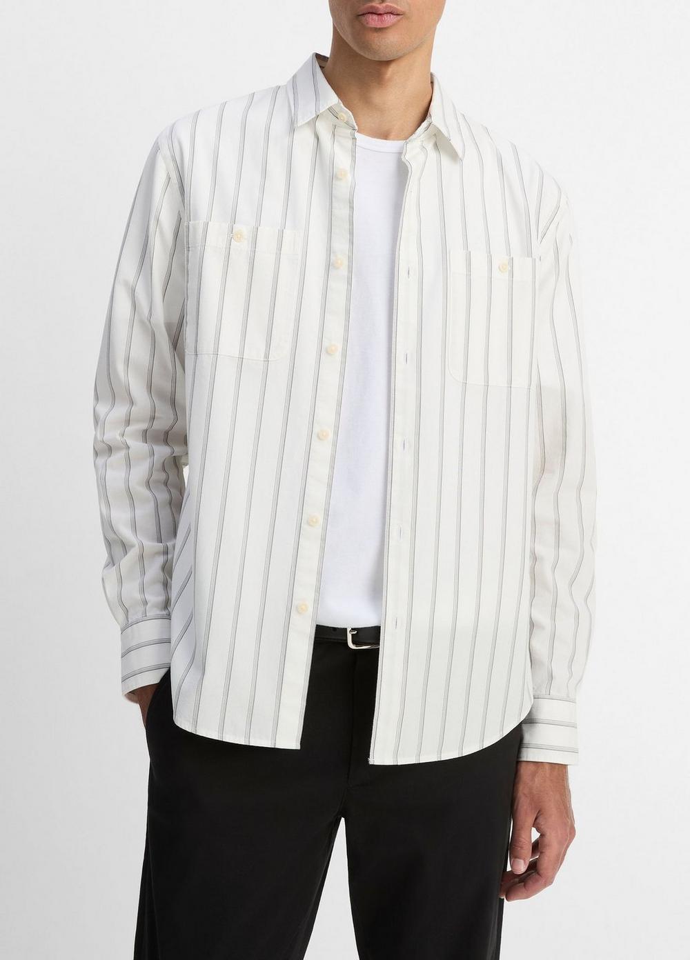Men's Port Stripe Cotton Button-Front Shirt, Off White/smoke, Size XL Vince