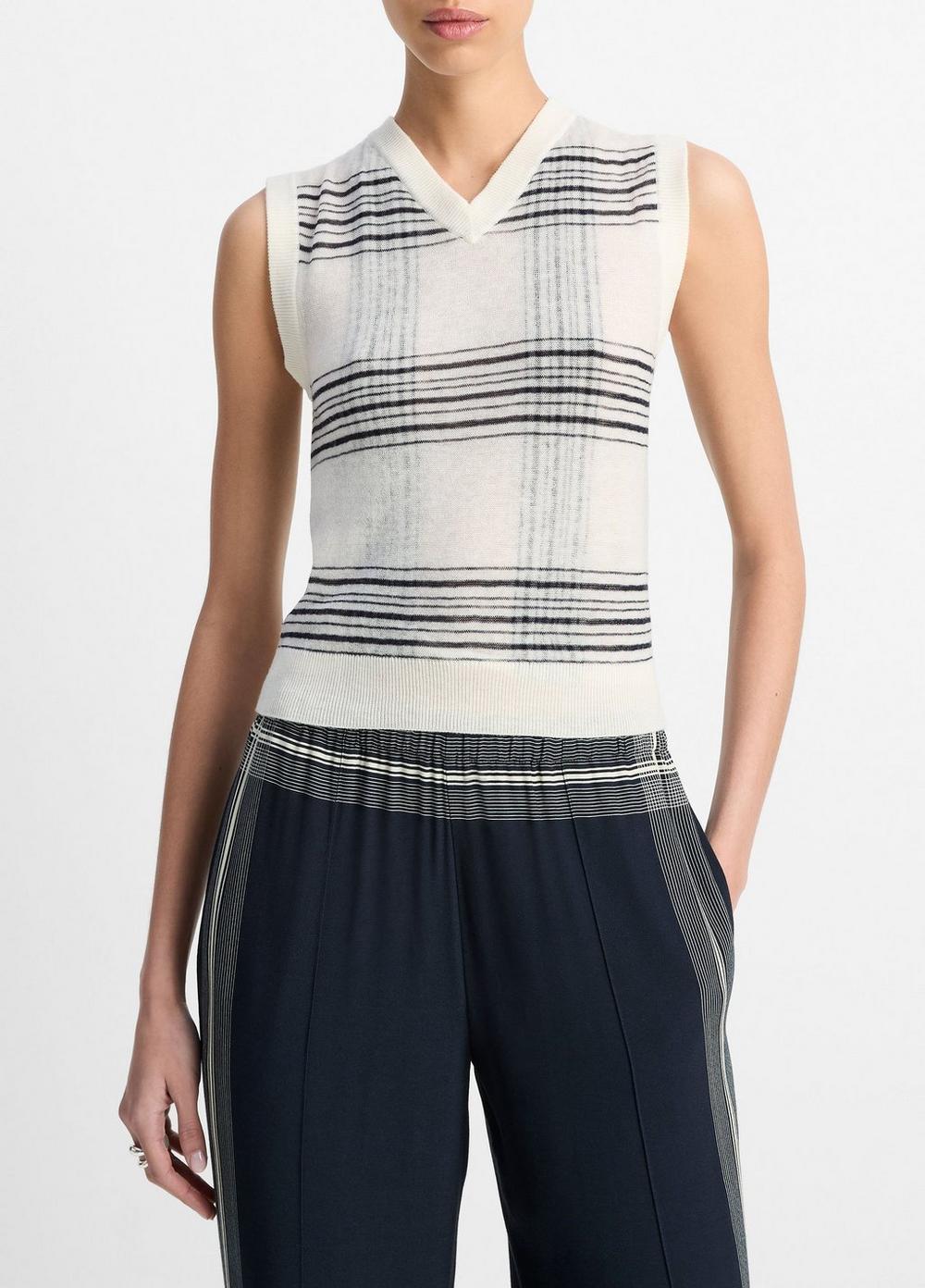 Women's Featherweight Plaid Wool Sweater Vest, Off White/coastal Blue, Size M Vince