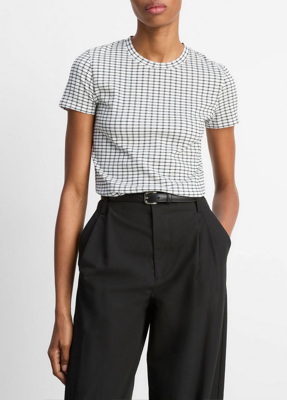 Women's Checked Smocked T-Shirt, Black Combo, Size XXS Vince