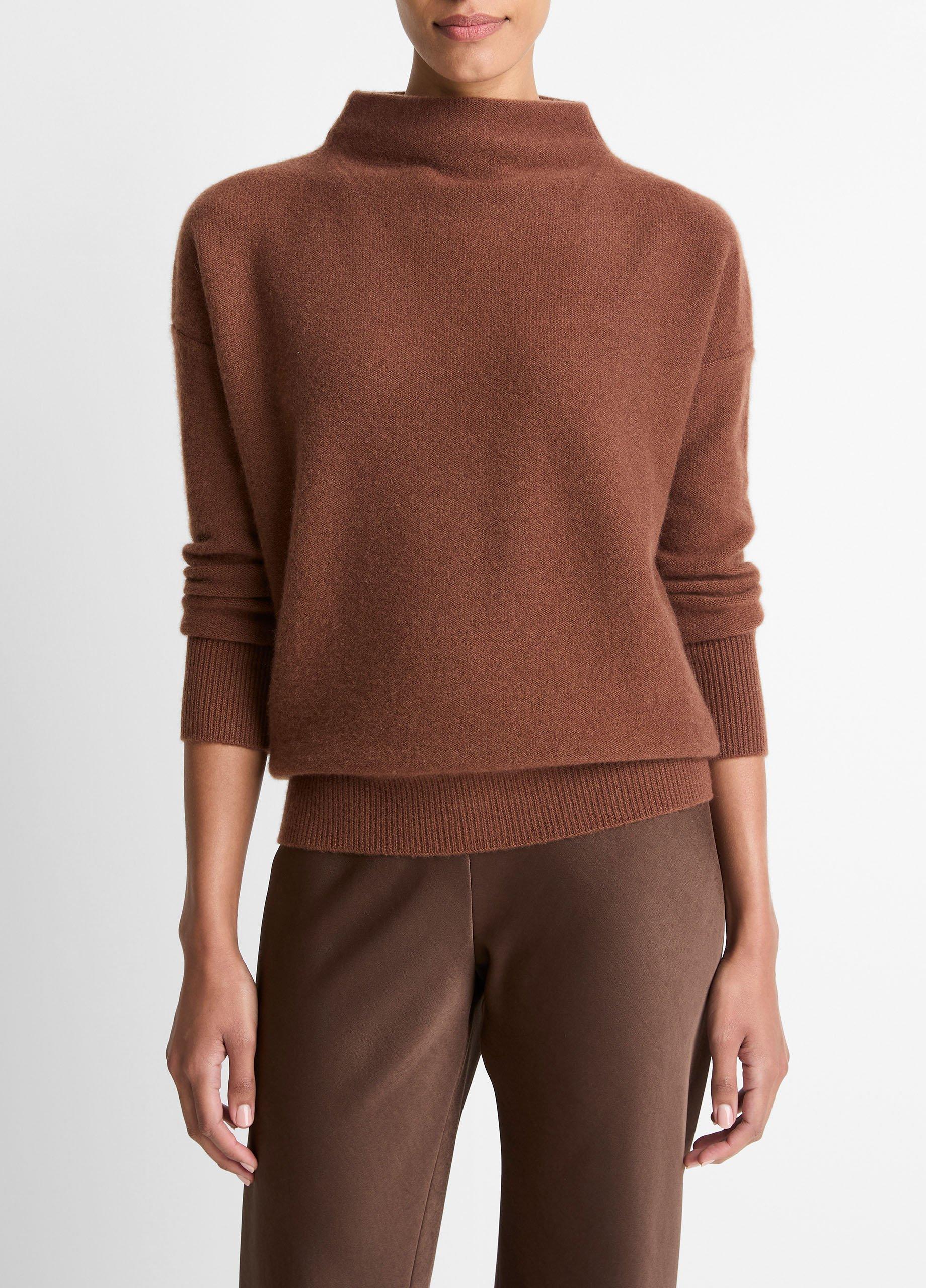 Women's Plush Cashmere Funnel-Neck Sweater, Cacao, Size L Vince