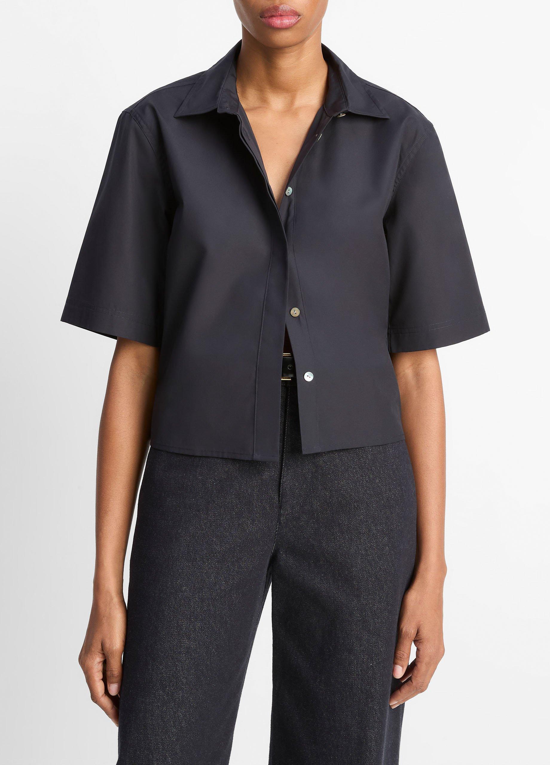 Women's Cotton Short-Sleeve Cropped Shirt, Coastal Blue, Size S Vince
