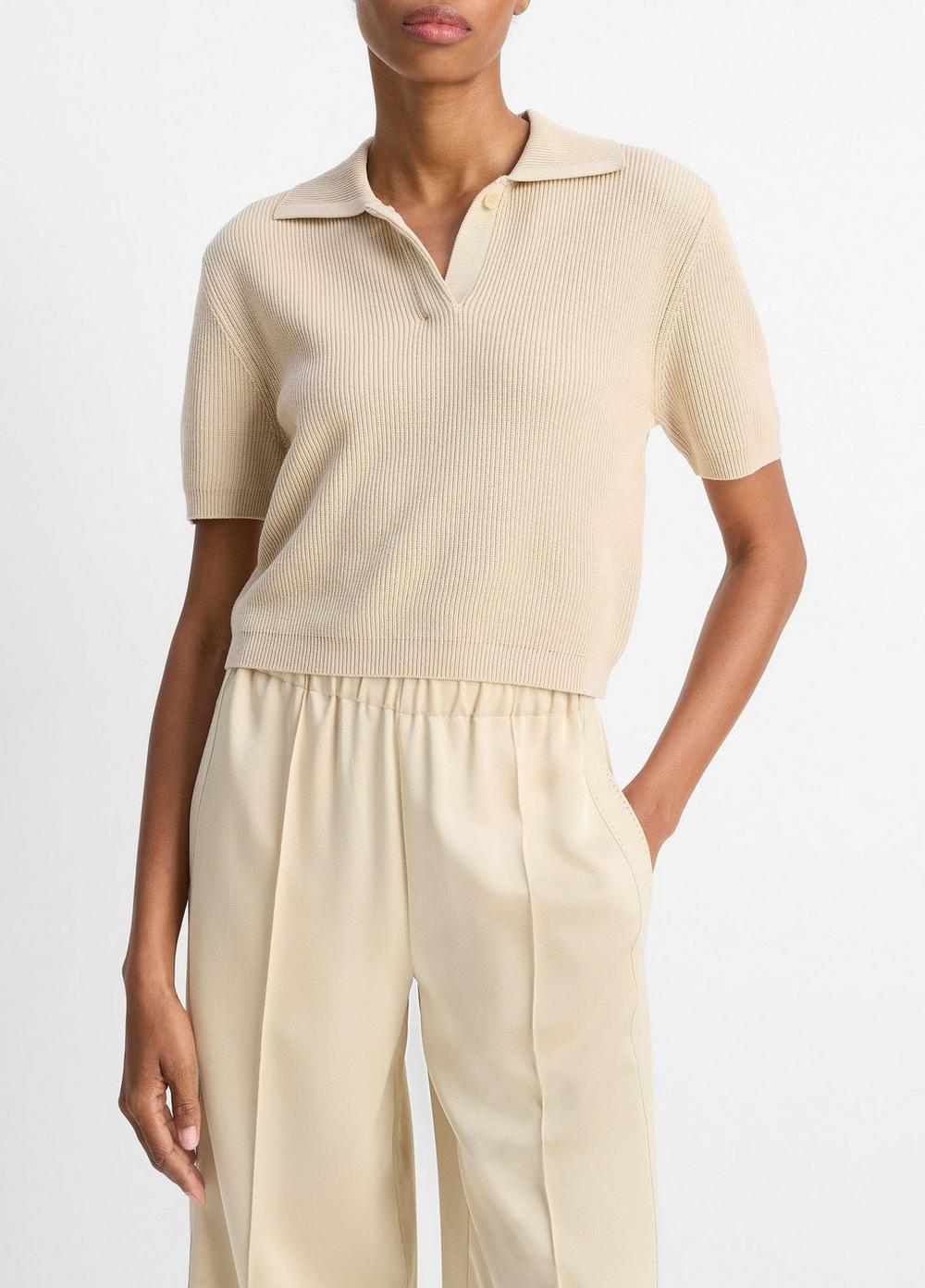 Women's Ribbed Silk-cotton Polo Sweater, Pale Canyon, Size XXS Vince