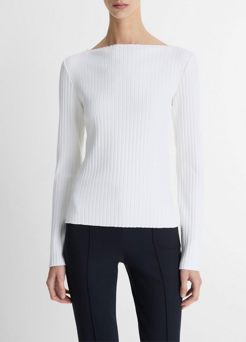 Women's Ribbed Cotton-Blend Slash-Neck Long-Sleeve Top, Off White, Size XXS Vince