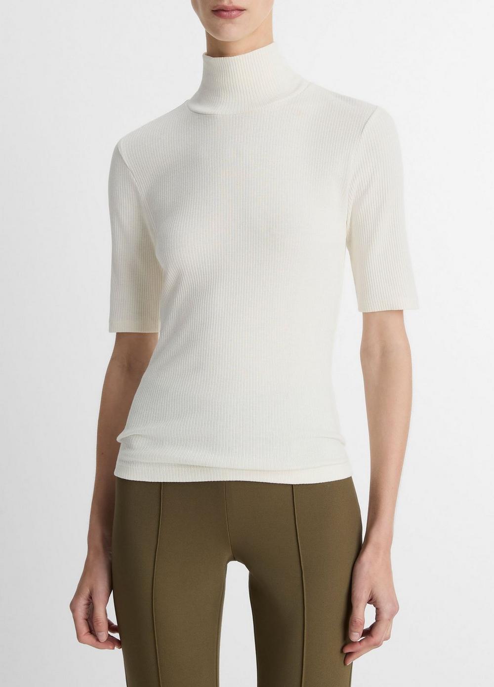 Women's Ribbed Cotton Elbow-Sleeve Turtleneck Top, Off White, Size L Vince