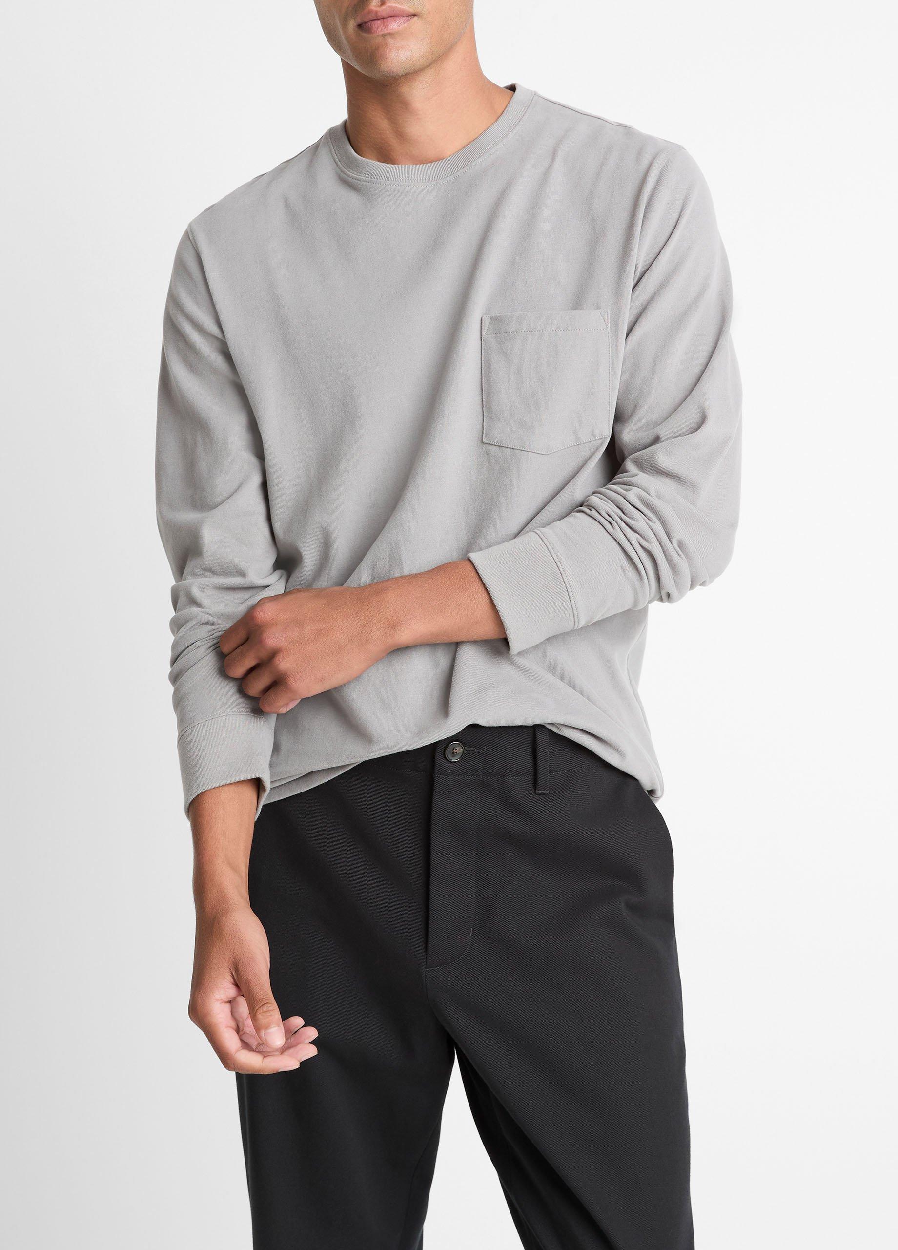 Men's Sueded Jersey Long-Sleeve Pocket T-Shirt, Heather Mouse, Size M Vince