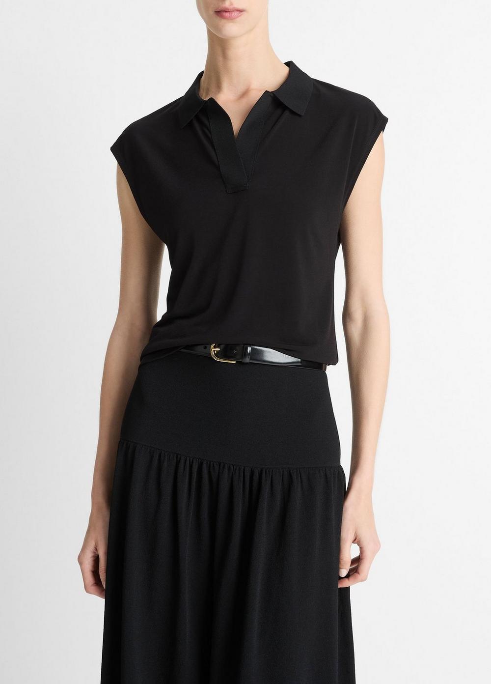 Women's Matte Jersey Cap-Sleeve Polo Top, Black, Size S Vince by Vince