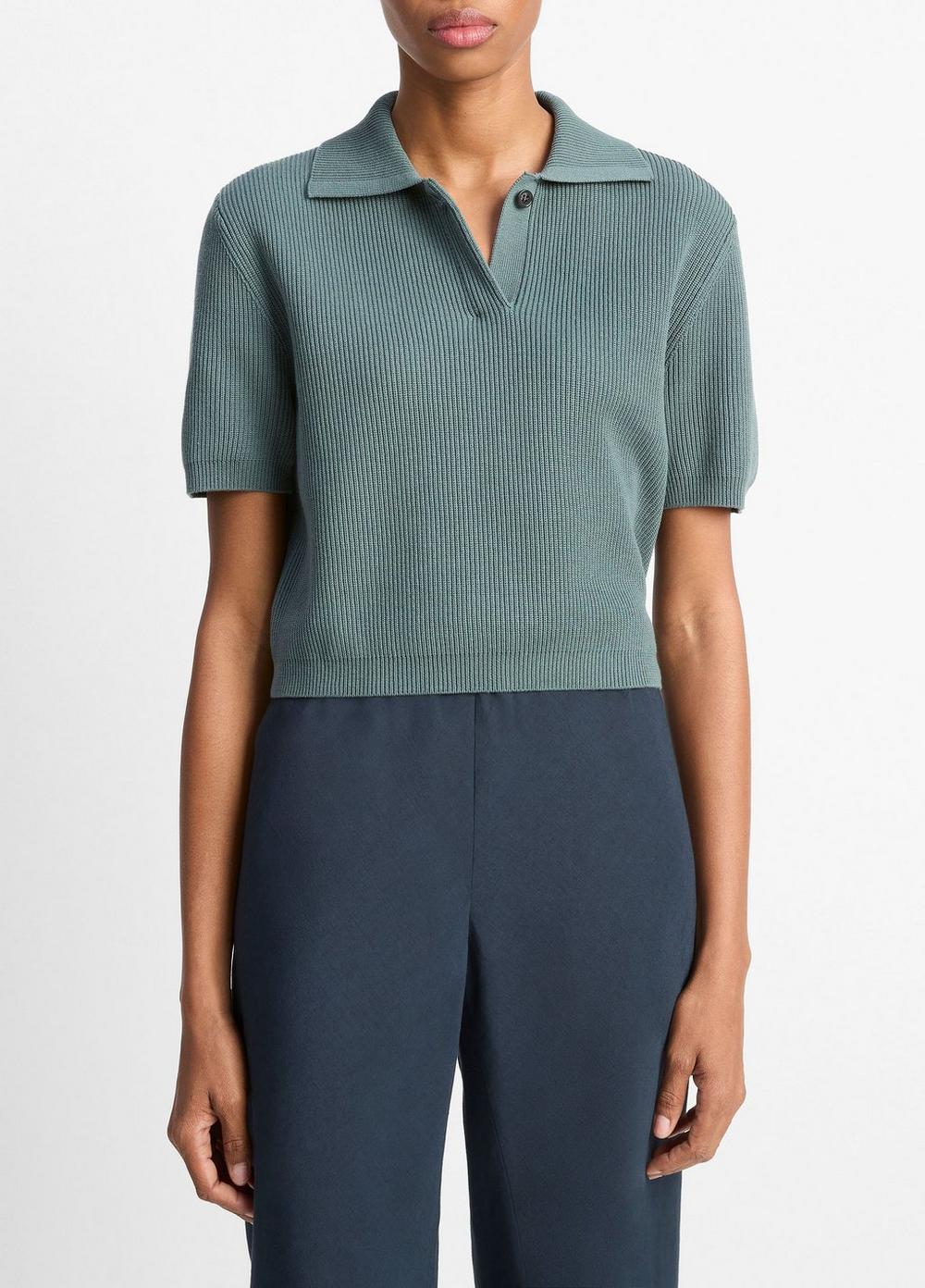 Women's Ribbed Silk-cotton Polo Sweater, Teal Stone, Size S Vince