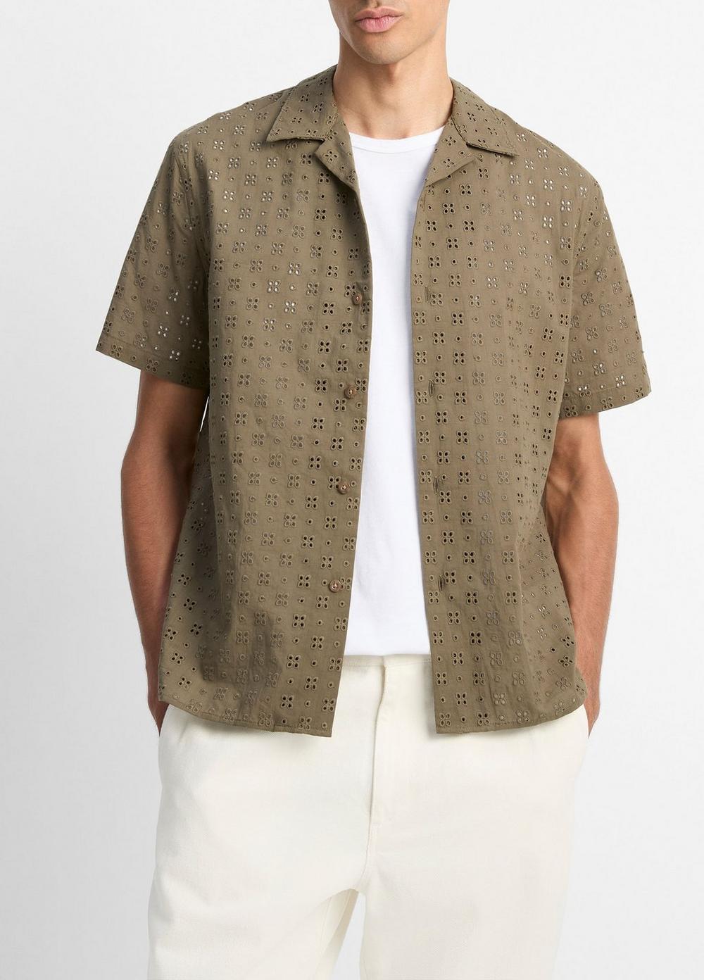 Men's Cotton Eyelet Short-Sleeve Button-Front Shirt, Dome, Size M Vince by Vince