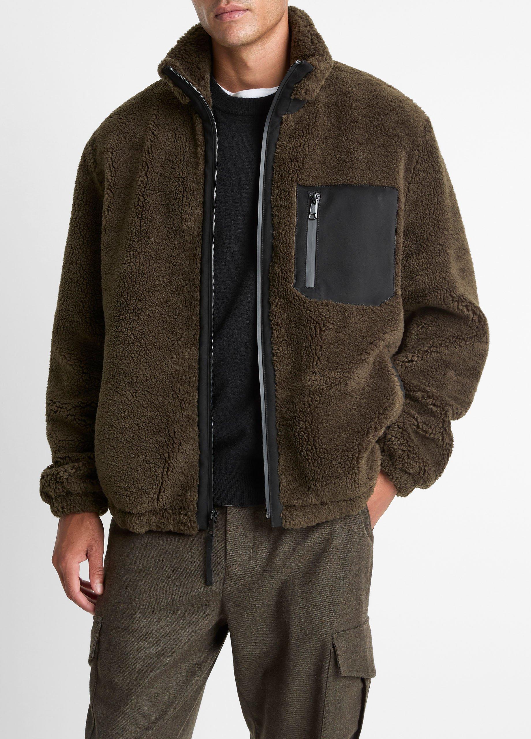 Men's Sherpa Zip Jacket, Dark Leaf, Size M Vince by Vince