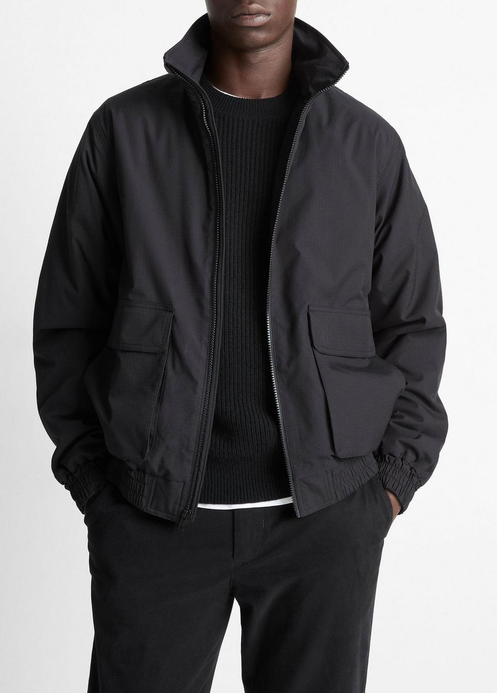 Men's Italian Cotton Ripstop Bomber Jacket, Black, Size M Vince