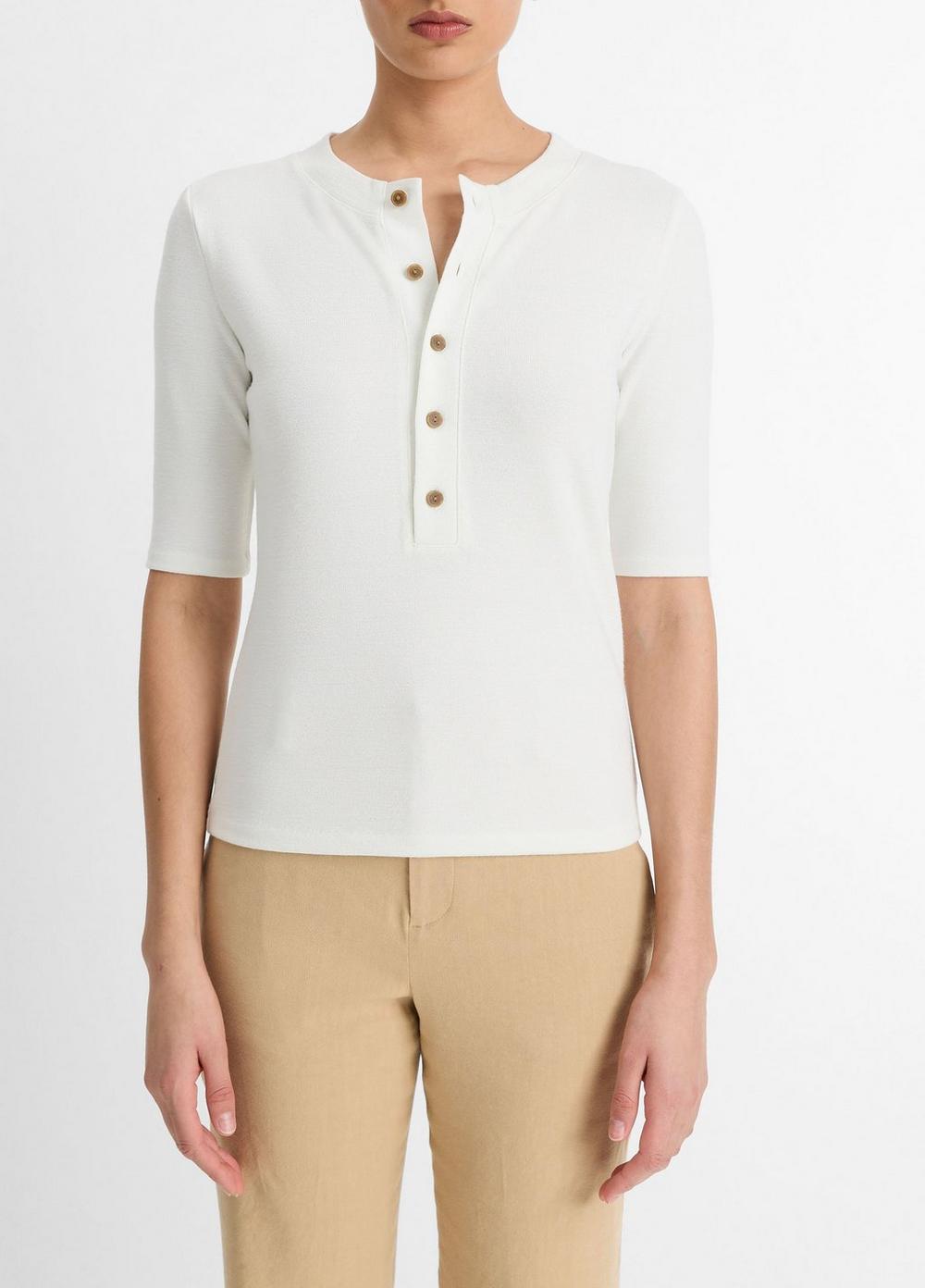 Women's Jersey Elbow-Sleeve Henley, Off White, Size XL Vince