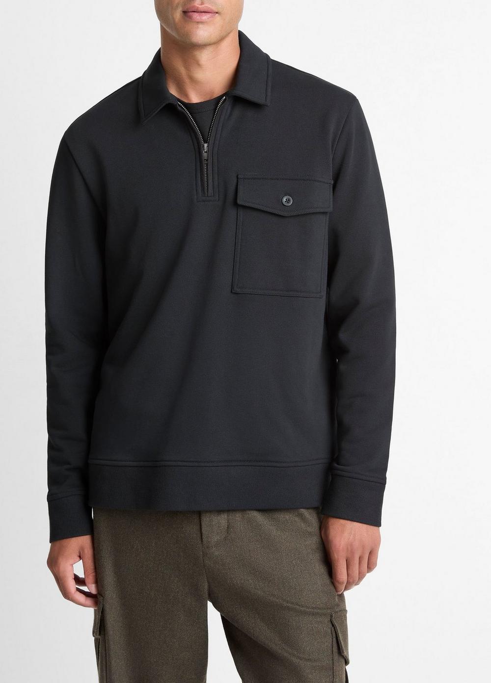 Men's Cotton-Blend French Terry Zip Polo Shirt, Black, Size L Vince