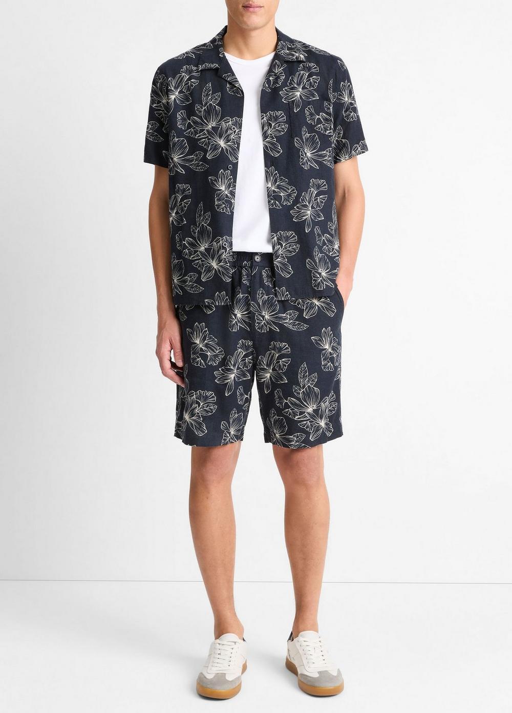 Men's Line Floral Linen-Blend Beach Short, Coastal Blue/light Sand, Size XXL Vince by Vince