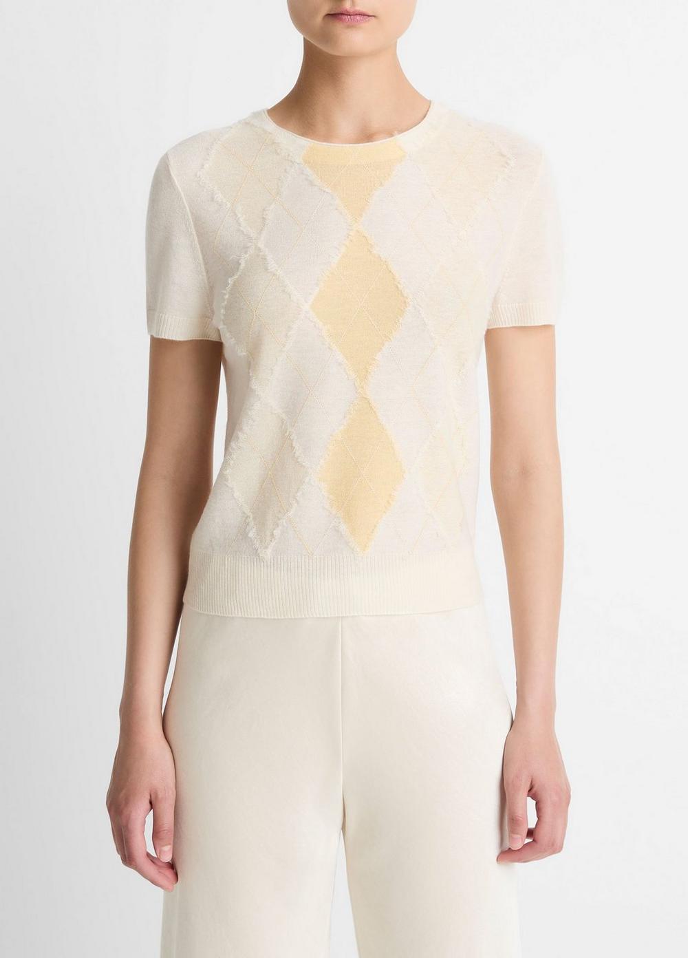 Women's Hand-Cut Argyle Wool-Blend Short-Sleeve Sweater, Crema/palazzo/buttermilk, Size L Vince