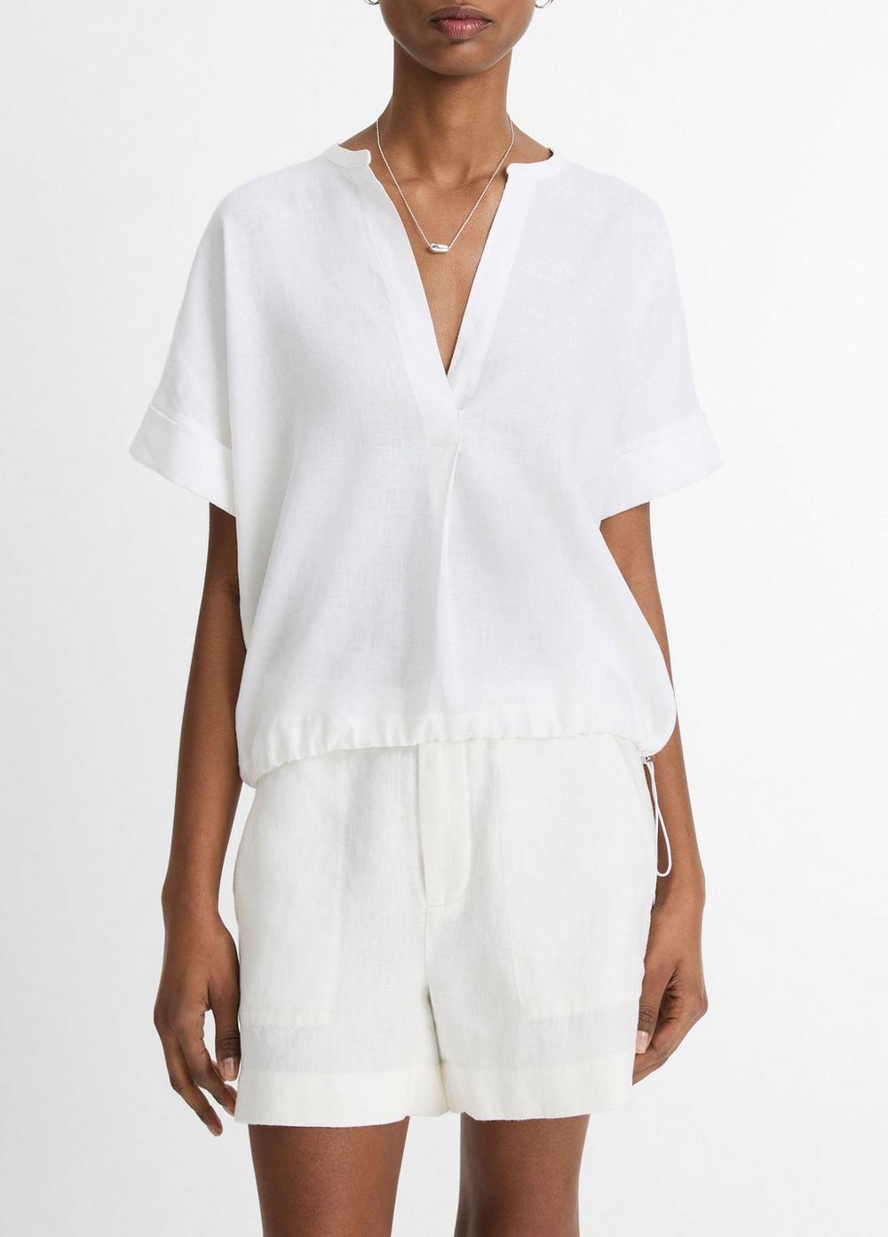 Women's Linen Drawcord-Hem Blouse, Optic White, Size XL Vince by Vince