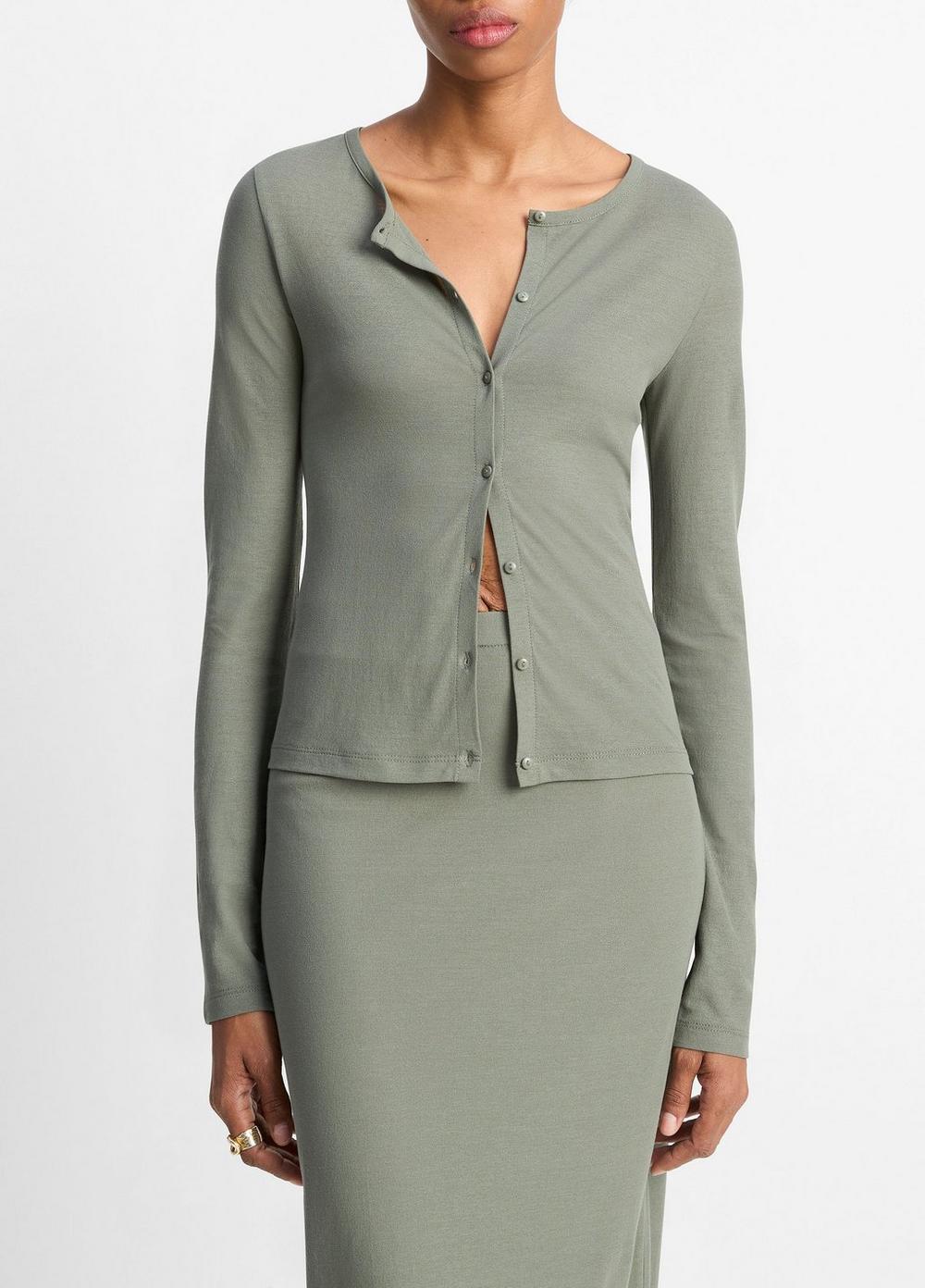 Women's Cotton Crepe Jersey Cardigan, Clay Sage, Size M Vince