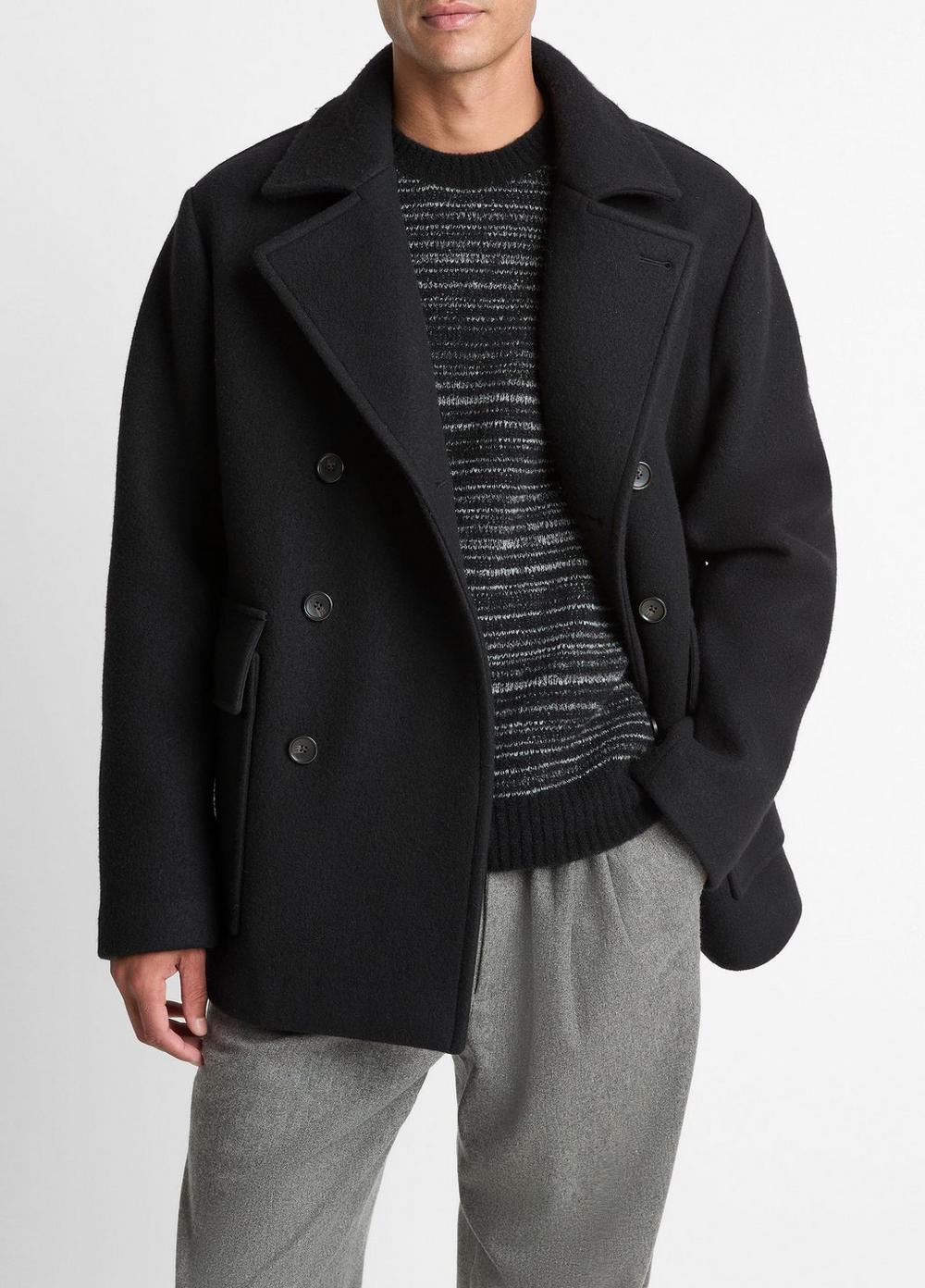 Men's Italian Wool-Blend Peacoat, Black, Size XL Vince