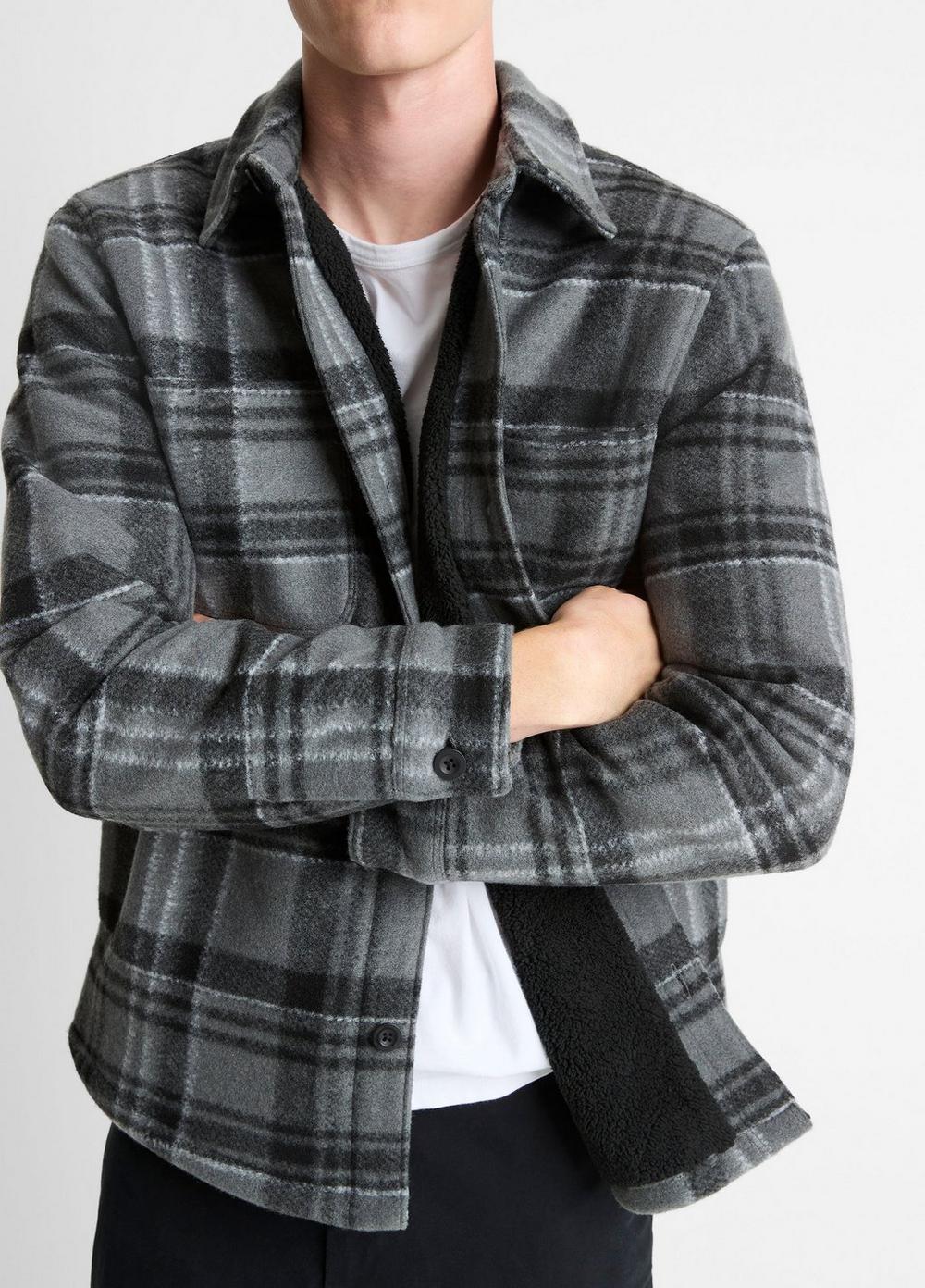 Men's Sherpa-Lined Plaid Shirt Jacket, Medium Heather Grey Combo, Size XL Vince