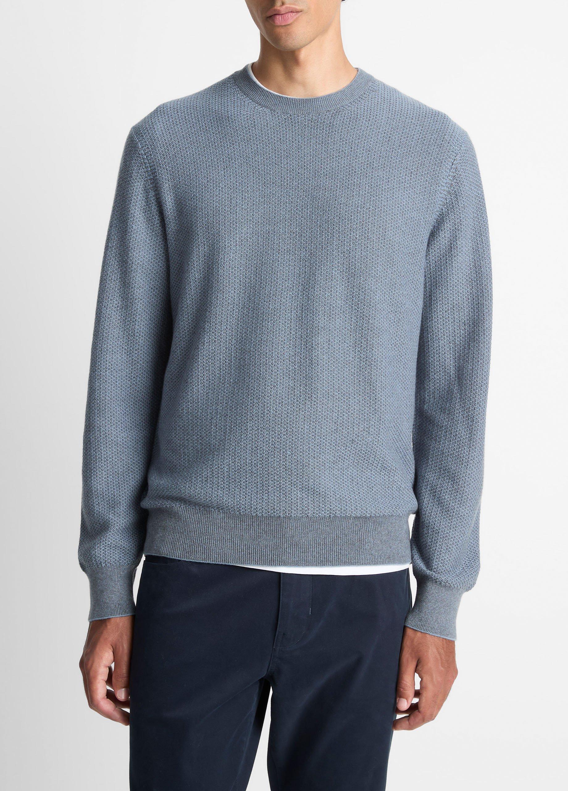 Men's Geo-jacquard Wool-Blend Crew Neck Sweater, Parlor Blue/medium Heather Grey, Size XL Vince
