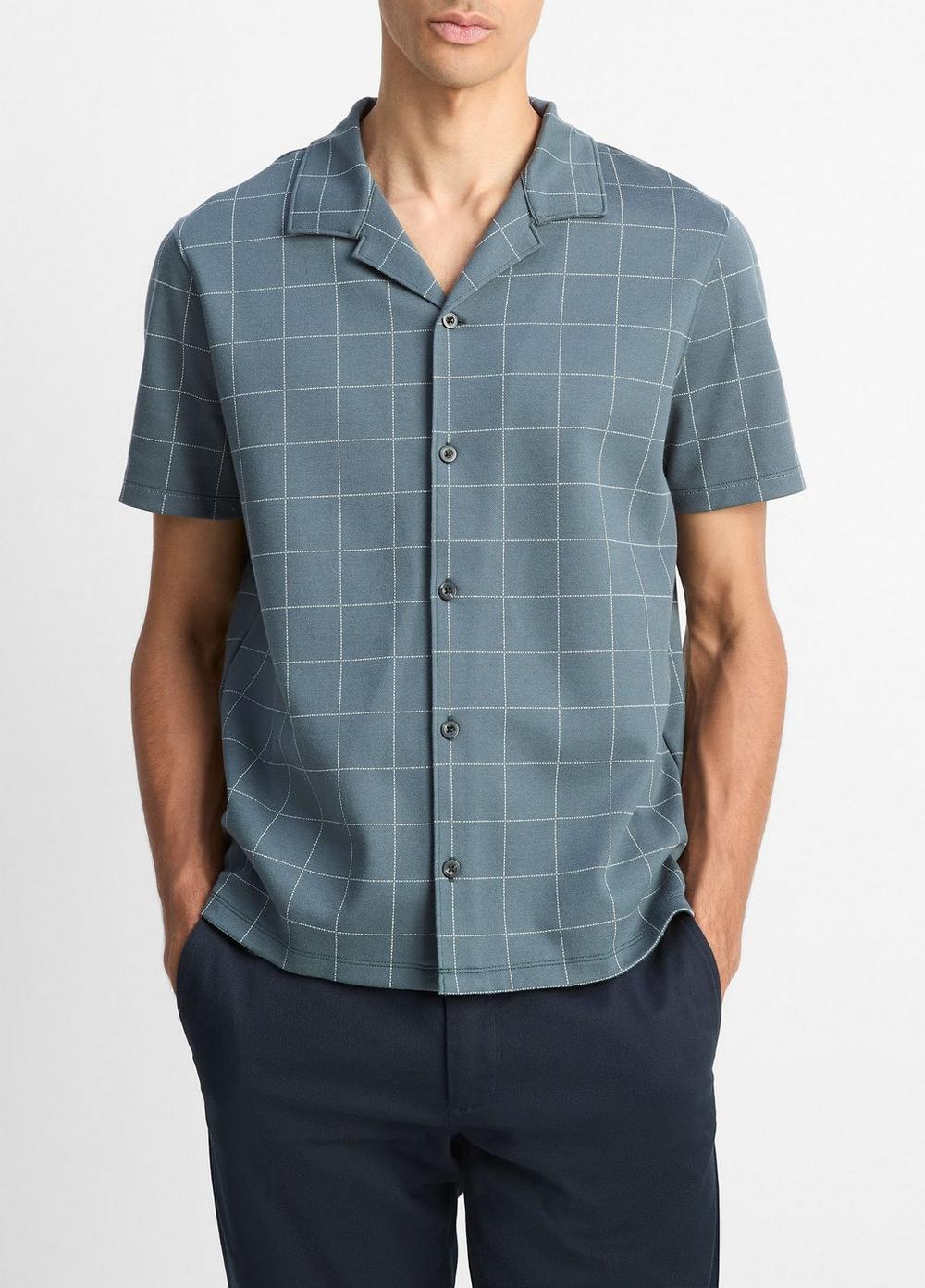 Men's Windowpane Jacquard Cotton-Blend Cabana Shirt, Dark Harbor Blue/off White, Size M Vince