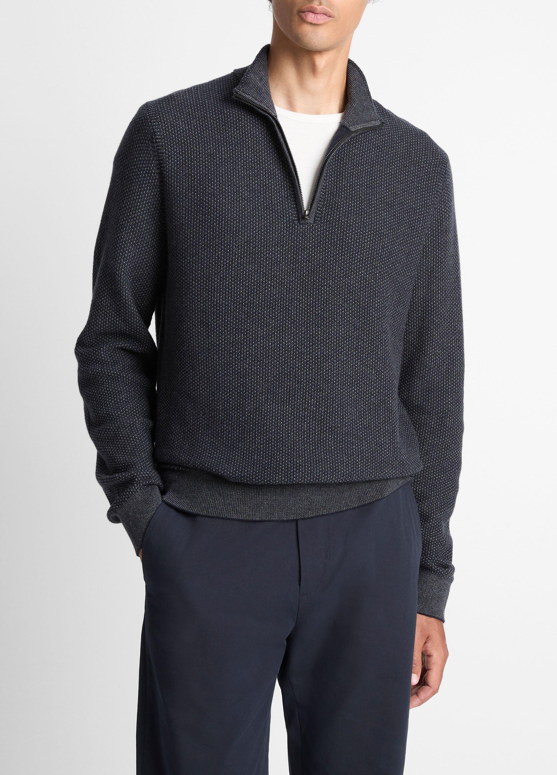 Men's Geo-jacquard Wool-Blend Quarter-Zip Sweater, Coastal Blue/medium Heather Grey, Size L Vince