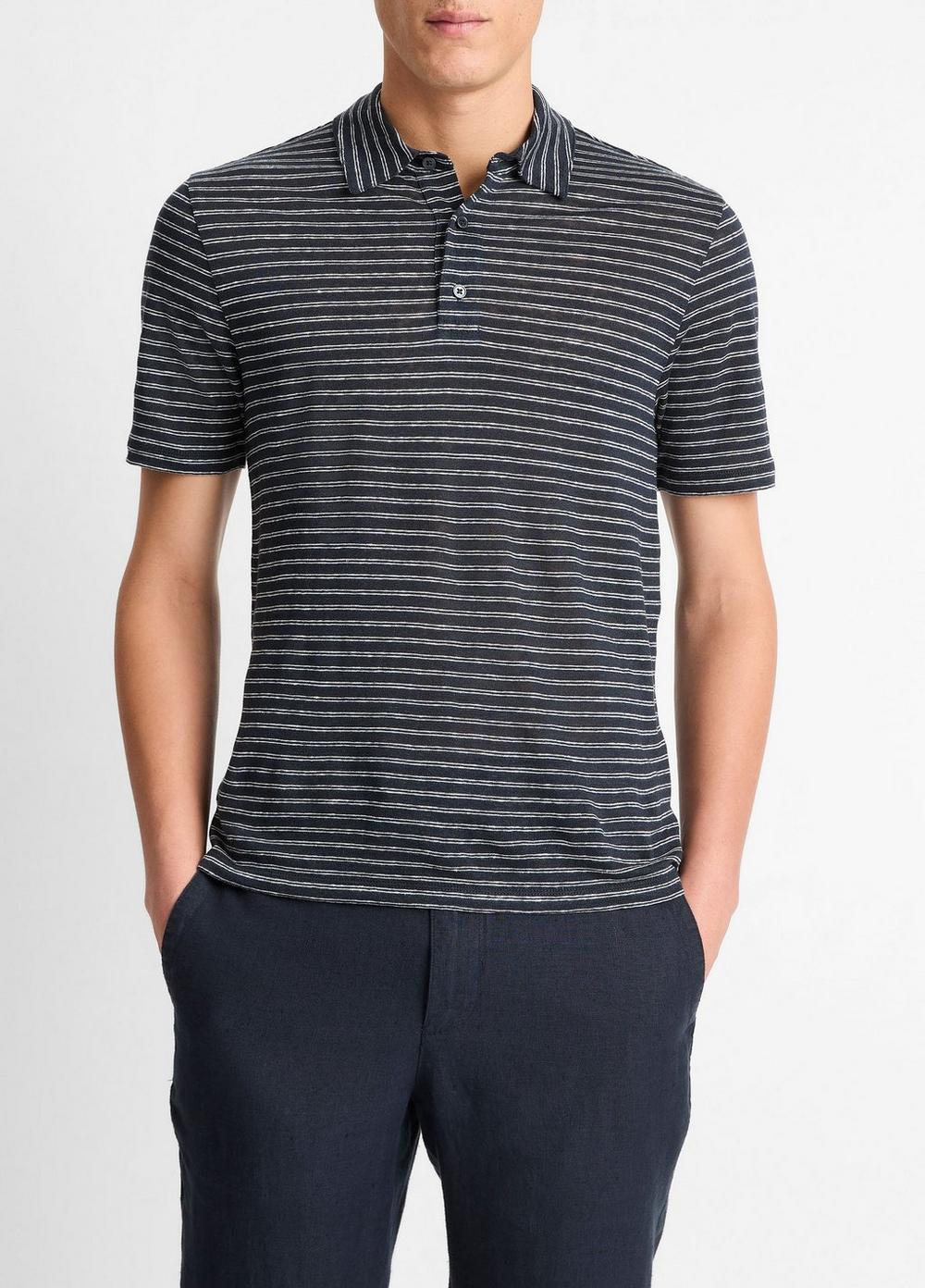 Men's Striped Linen Jersey Polo Shirt, Coastal Blue/optic White, Size L Vince
