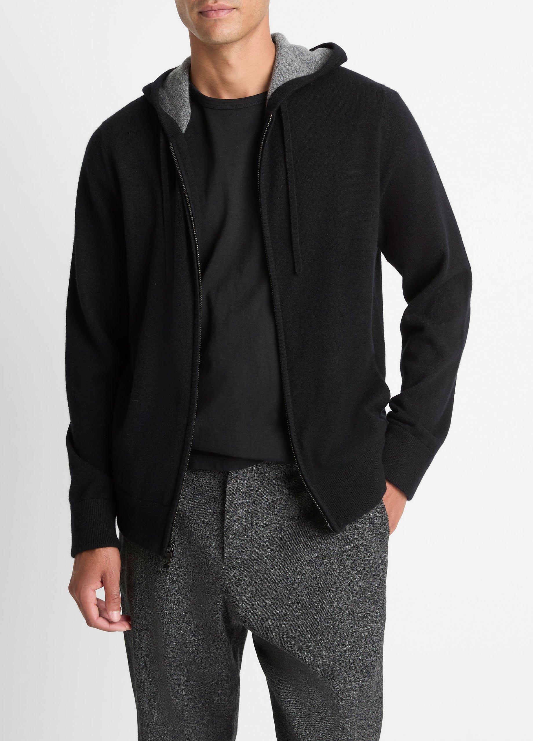Men's Cashmere Zip-Front Hoodie, Black/medium Heather Grey, Size L Vince by Vince