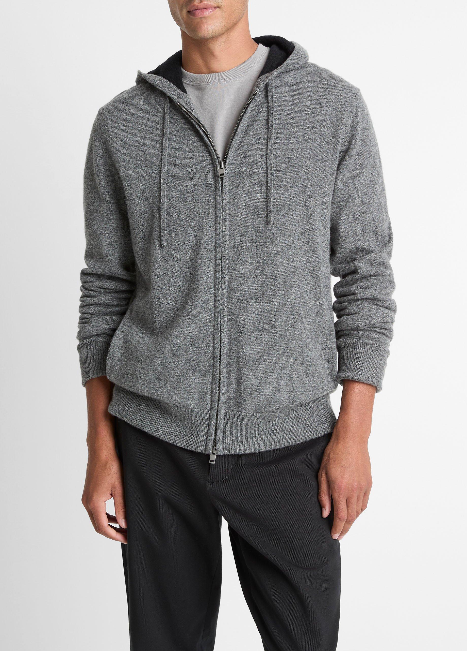 Men's Cashmere Zip-Front Hoodie, Medium Heather Grey/black, Size XXL Vince