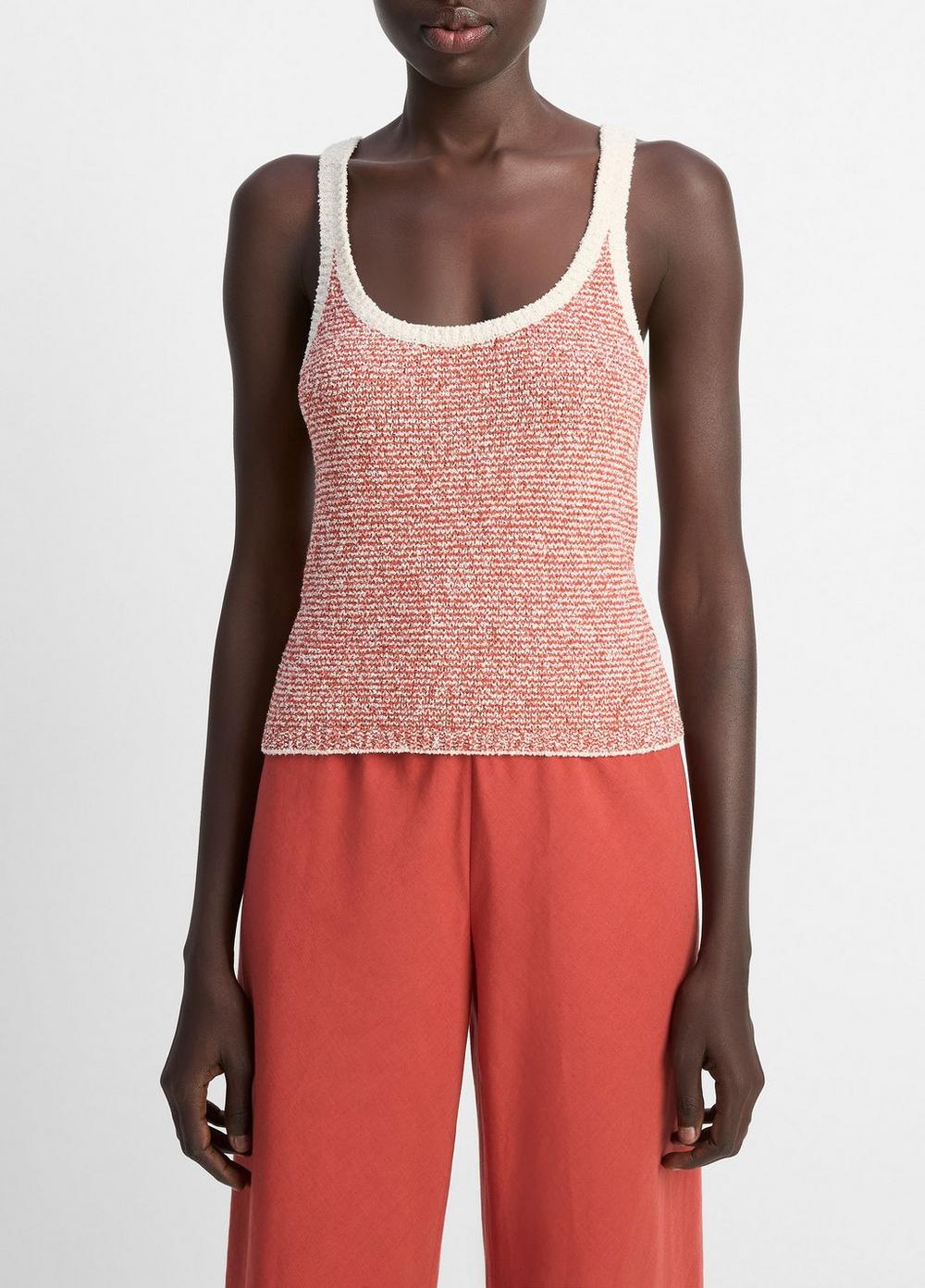 Women's Textured Micro-Stripe Italian Cotton-Blend Sweater Tank, Oat Shell/brick Rose, Size L Vince