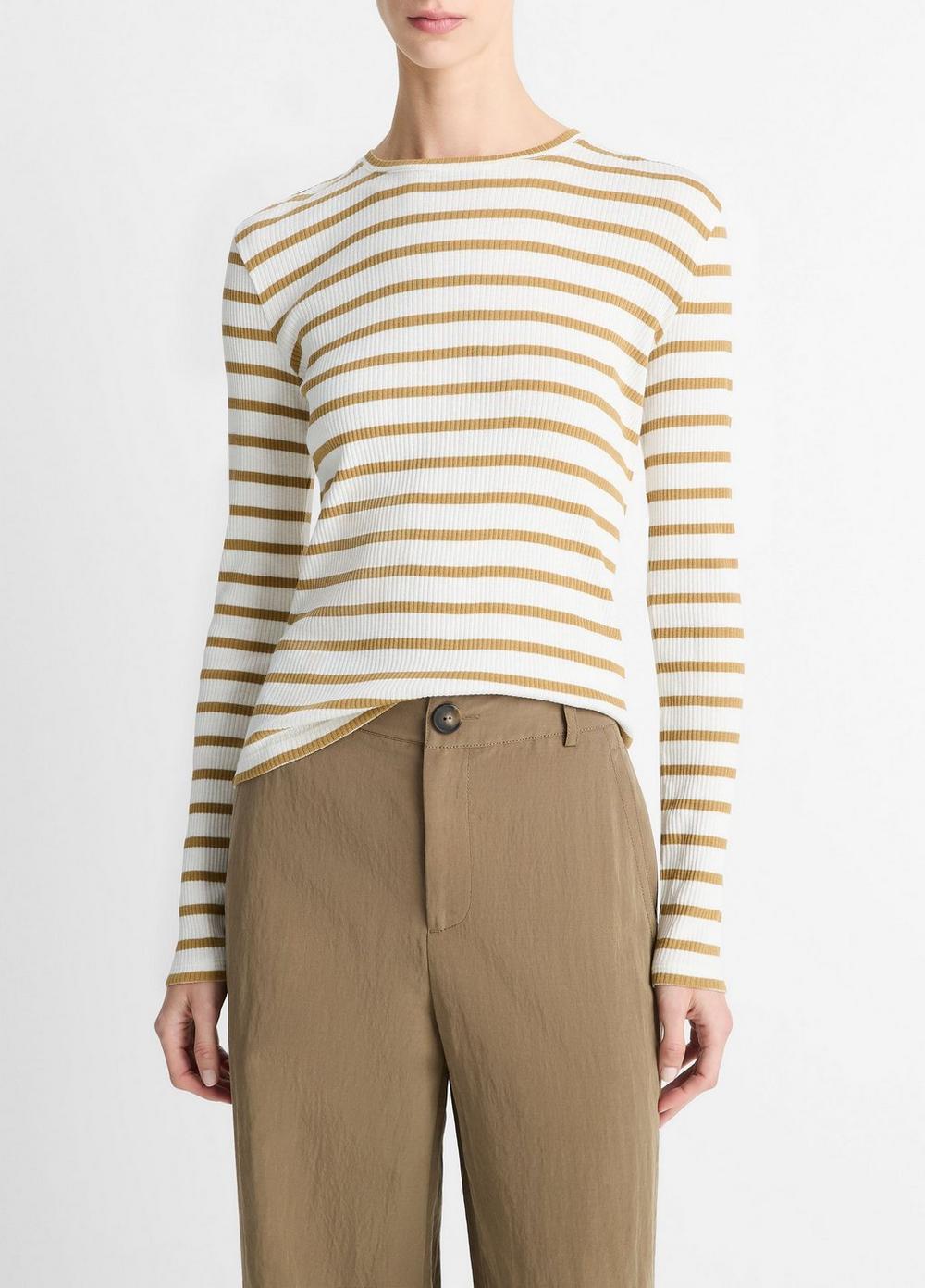Women's Striped Ribbed Pima Cotton Long-Sleeve T-Shirt, Sand Sage Combo, Size XS Vince