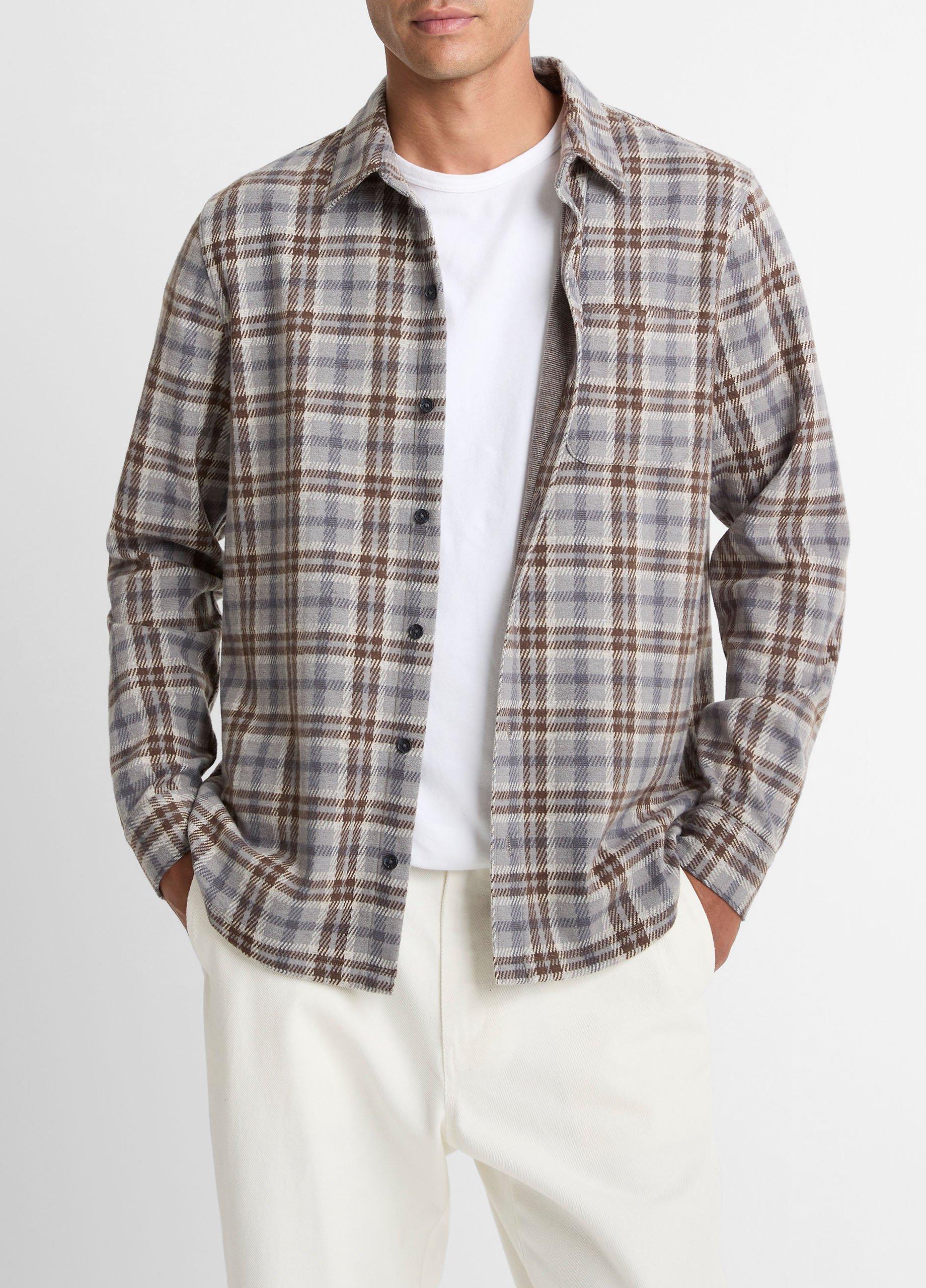 Men's Plaid Cotton-Blend Shirt Jacket, Heather Fog Combo, Size M Vince