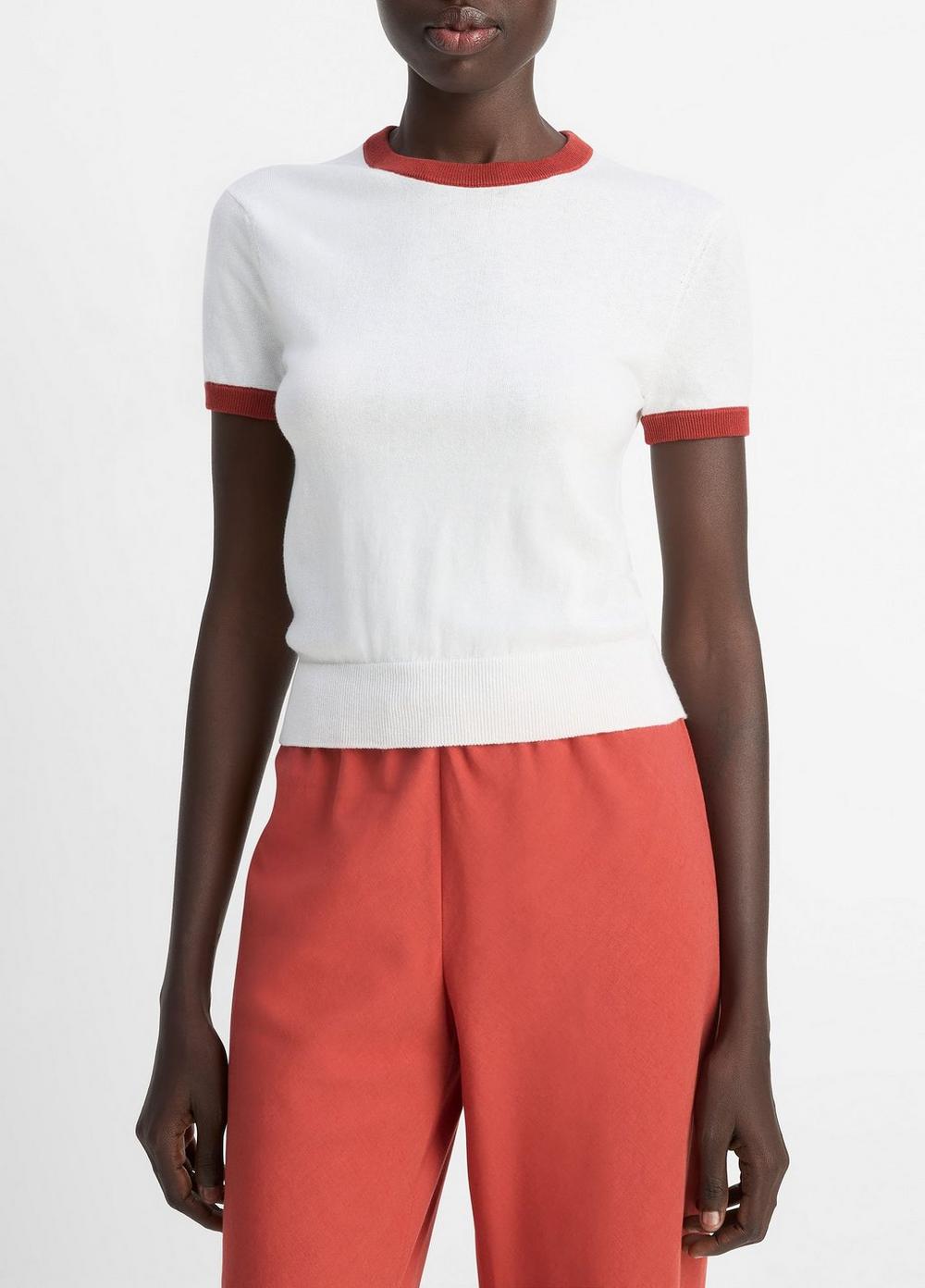 Women's Cotton Ringer Sweater T-Shirt, Off White/brick Rose, Size XXS Vince