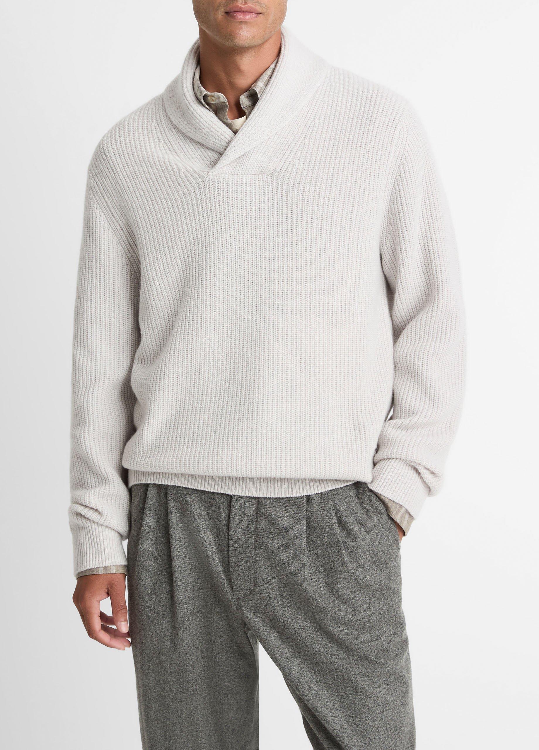 Men's Shaker Wool-Cashmere Shawl-Collar Sweater, Heather White, Size XS Vince