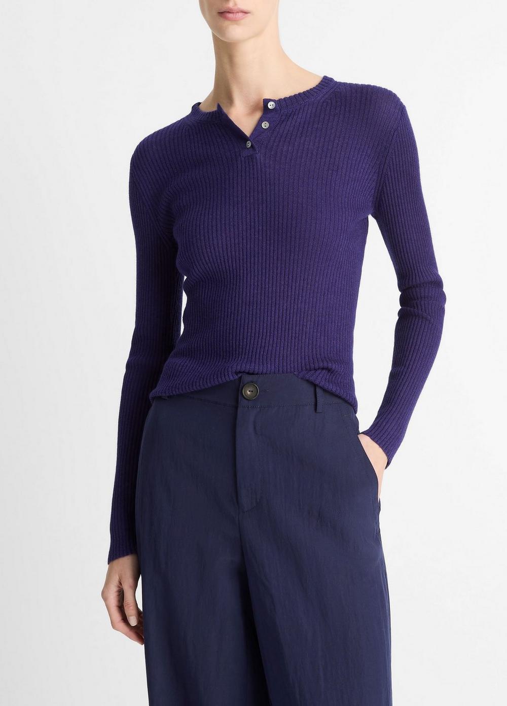 Women's Ribbed Cashmere-Silk Henley Sweater, Deep Iris, Size L Vince by Vince