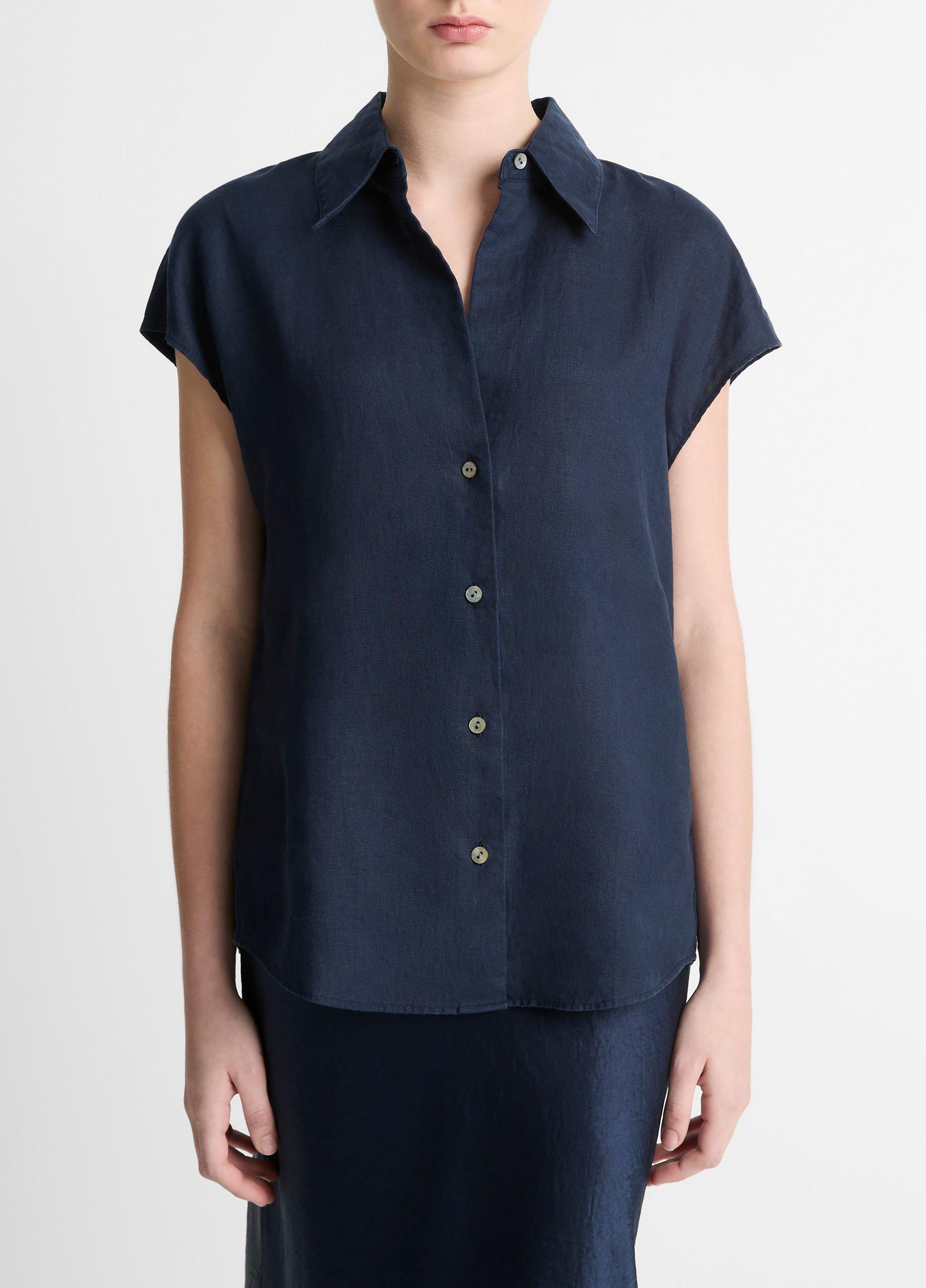 Women's Linen Cap-Sleeve Button-Front Blouse, Coastal Blue, Size XL Vince