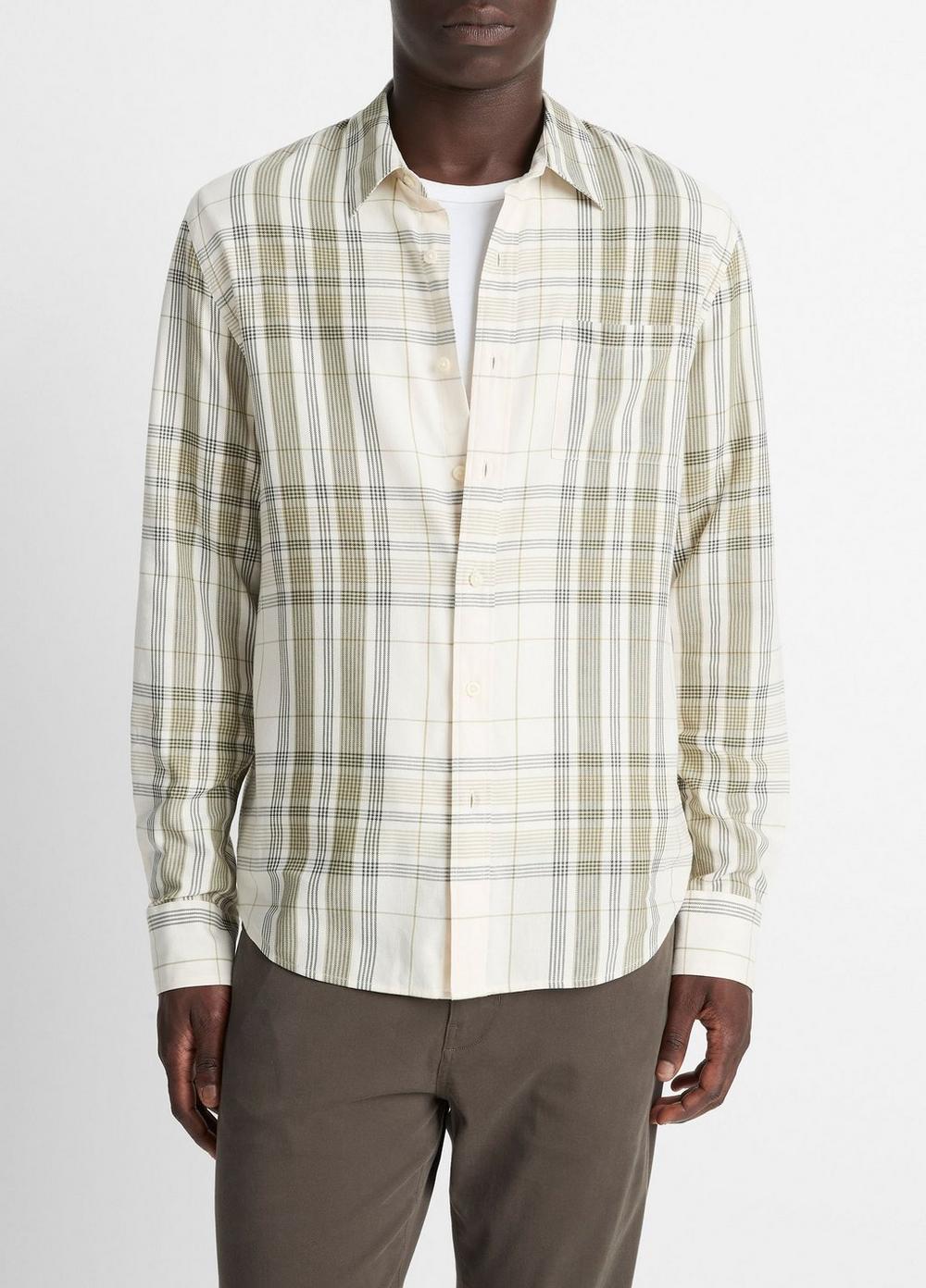 Men's Dunluce Plaid Cotton-Blend Button-Front Shirt, Blanco/driver Green, Size S Vince