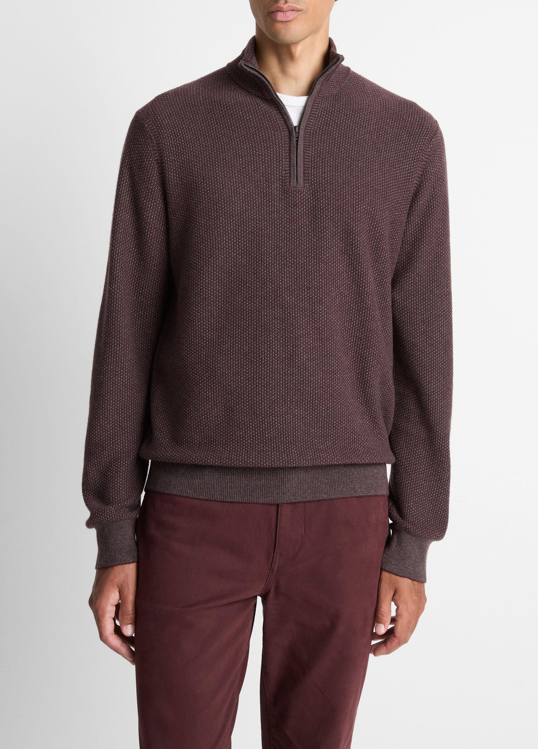 Men's Geo-jacquard Wool-Blend Quarter-Zip Sweater, Port/heather Grey, Size M Vince