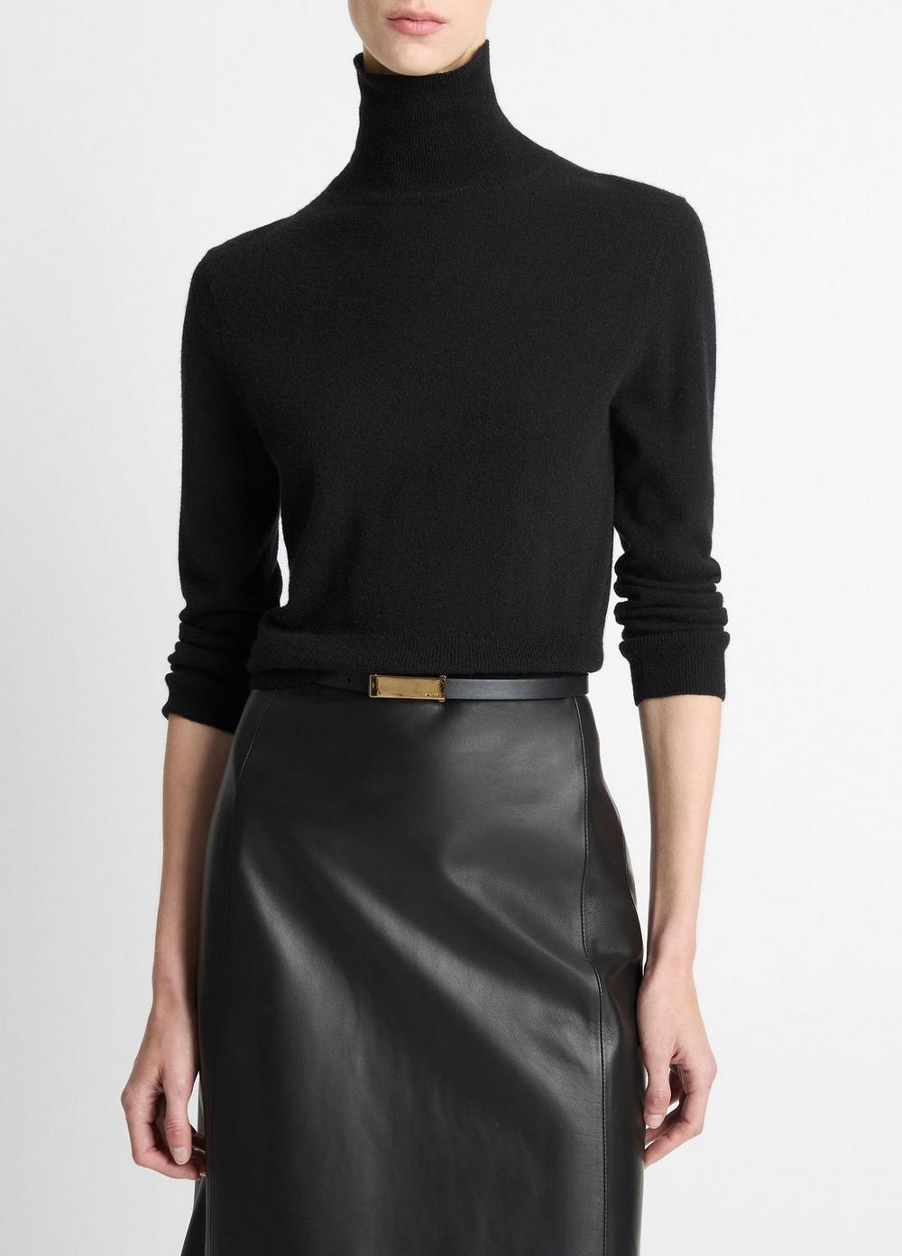 Women's Cashmere-Silk Three-quarter-Sleeve Mock-Neck Sweater, Black, Size S Vince
