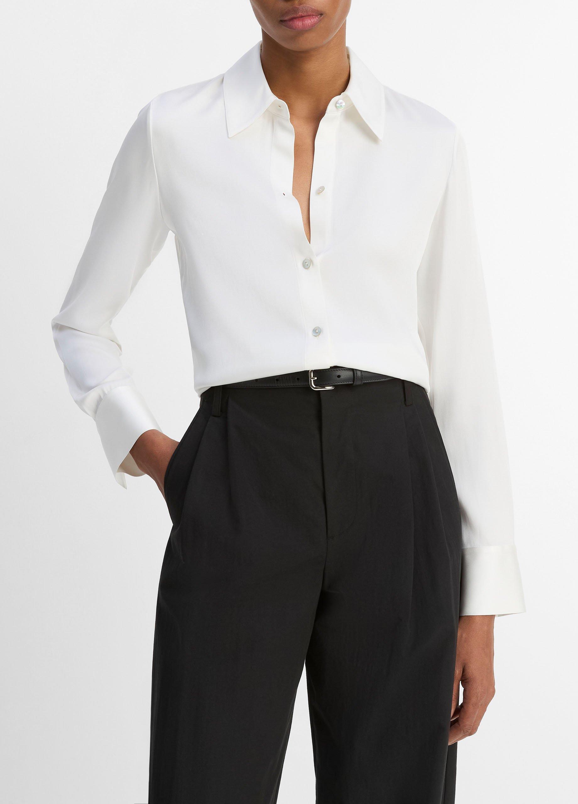 Women's Silk-Blend Slim Button-Front Blouse, Off White, Size M Vince