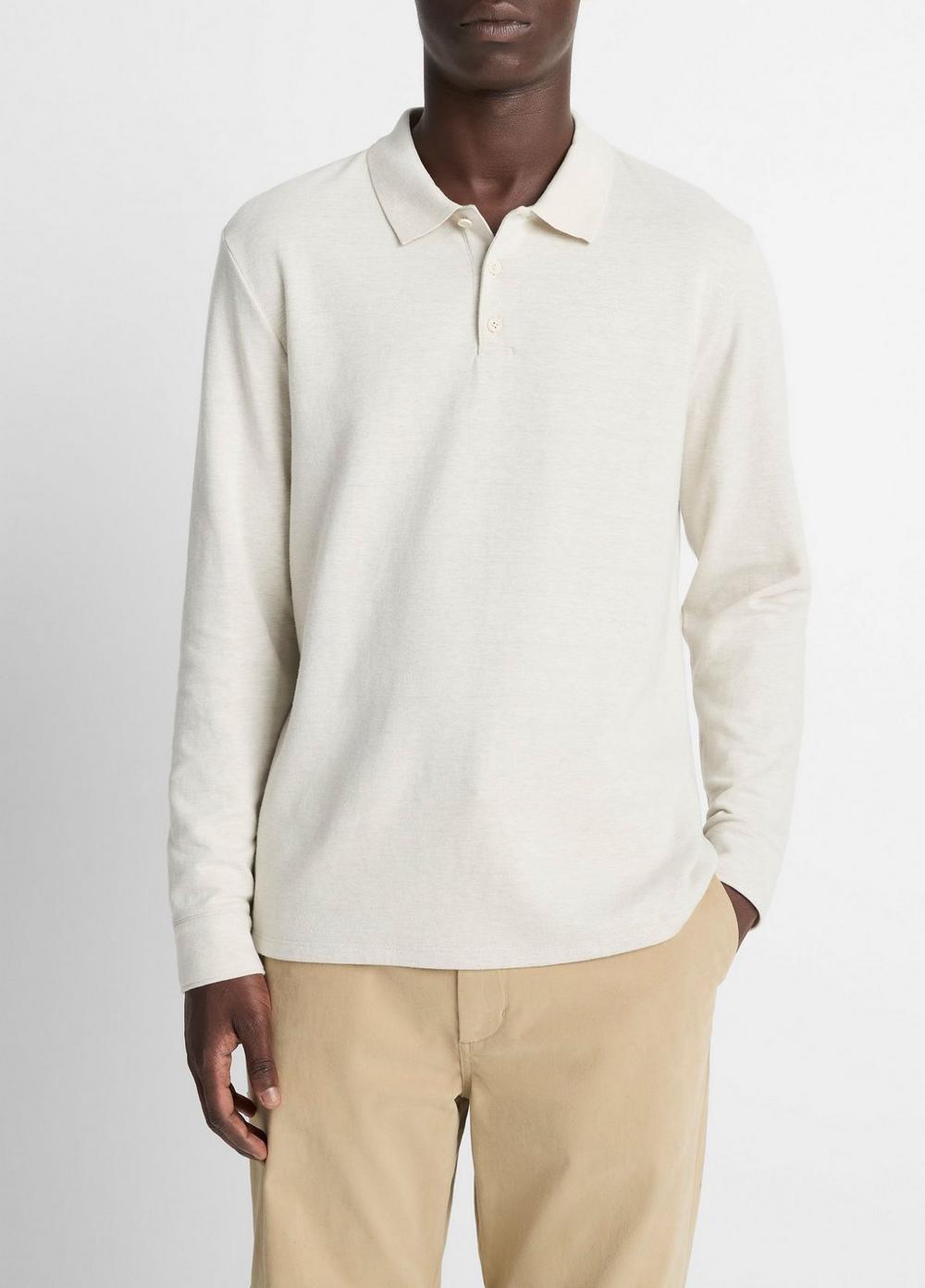 Men's Heathered Double-Face Cotton-Blend Polo Shirt, Heather Blanco/terrapin, Size L Vince