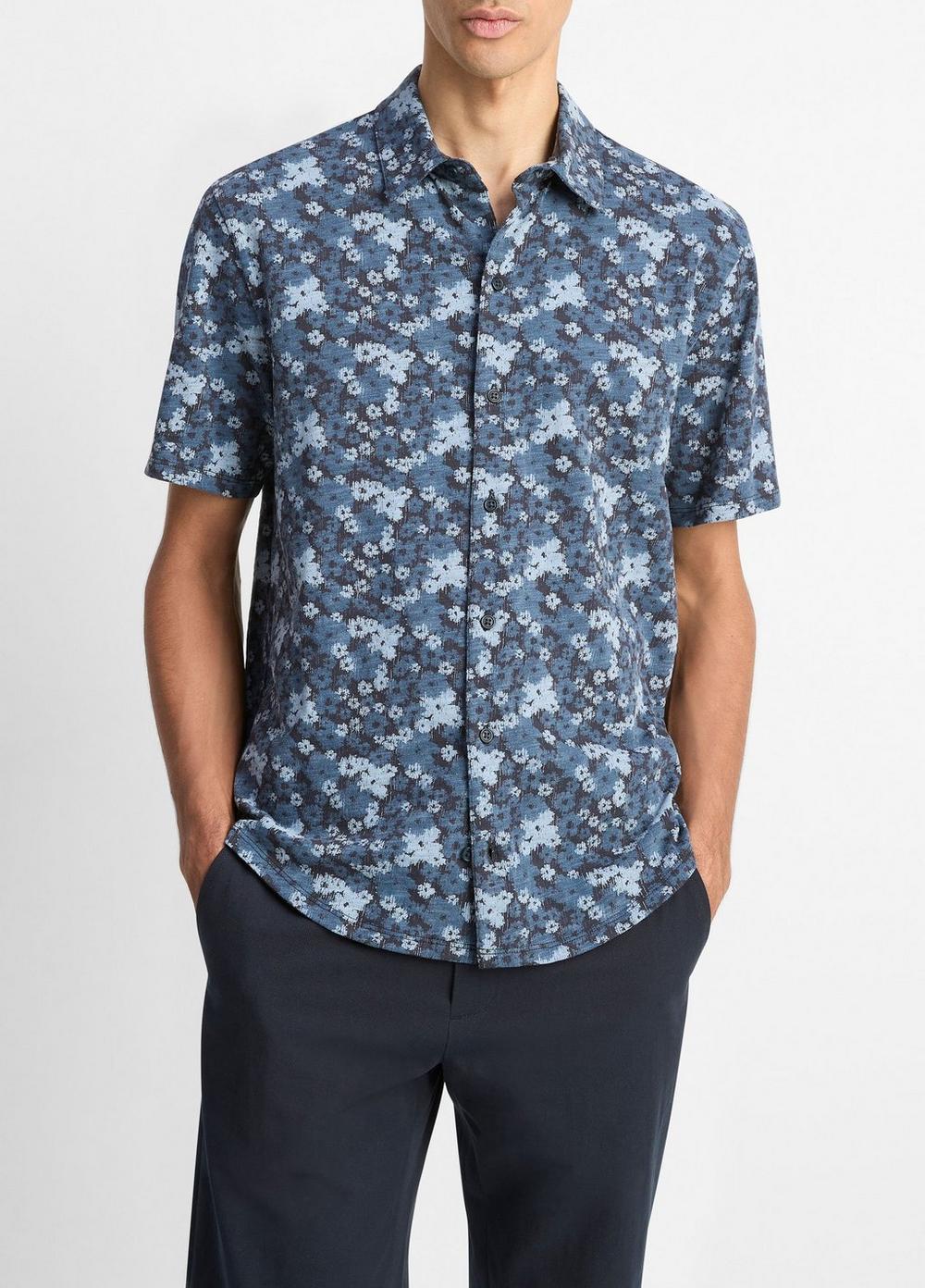 Men's Floral Slub Cotton Short-Sleeve Button-Front Shirt, Coastal Combo, Size XL Vince