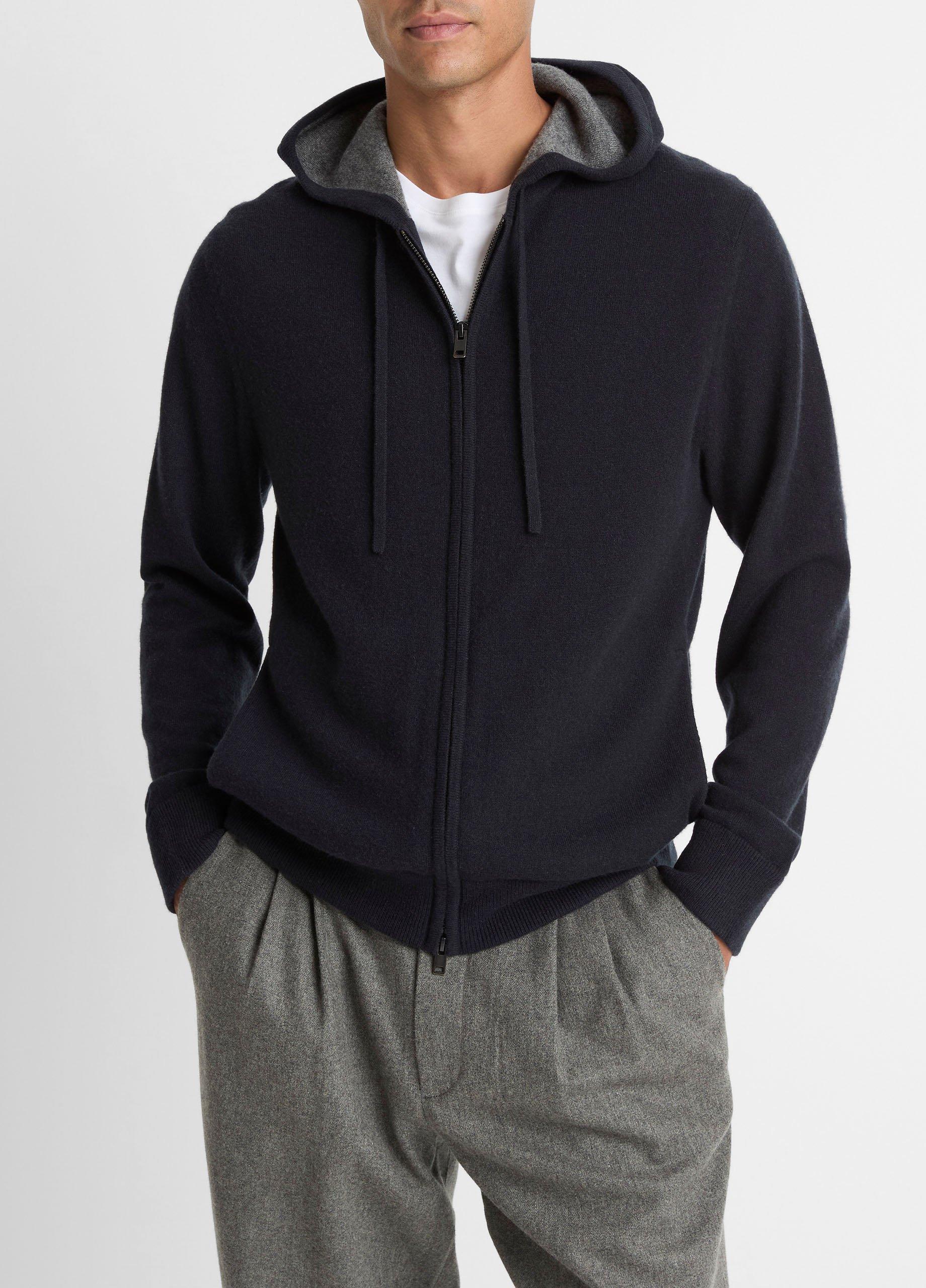 Men's Cashmere Zip-Front Hoodie, Coastal Blue/medium Heather Grey, Size M Vince