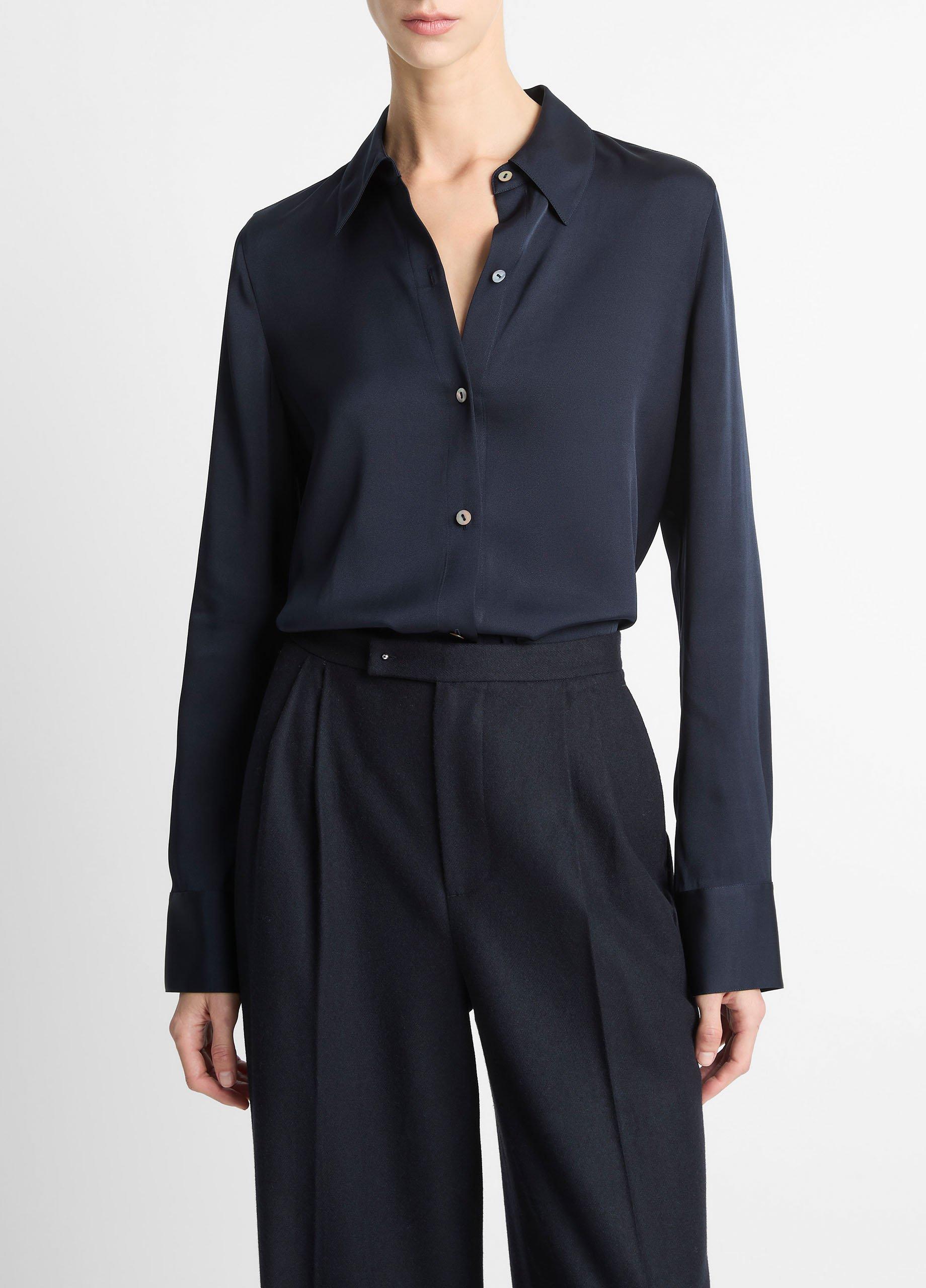 Women's Silk-Blend Slim Button-Front Blouse, Coastal Blue, Size XS Vince