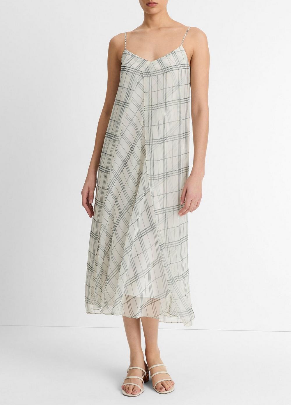 Women's Fenced Plaid Layered Dress, Off White/grey, Size L Vince