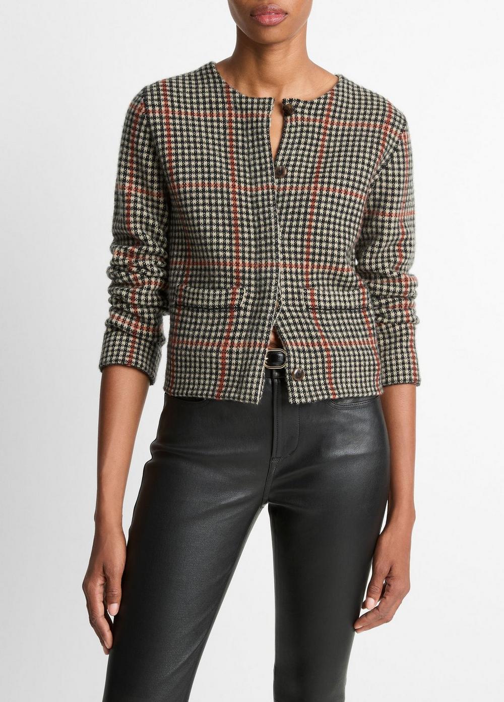 Women's Glen Plaid Wool-Cashmere Cardigan Jacket, Cobblestone/black Combo, Size S Vince